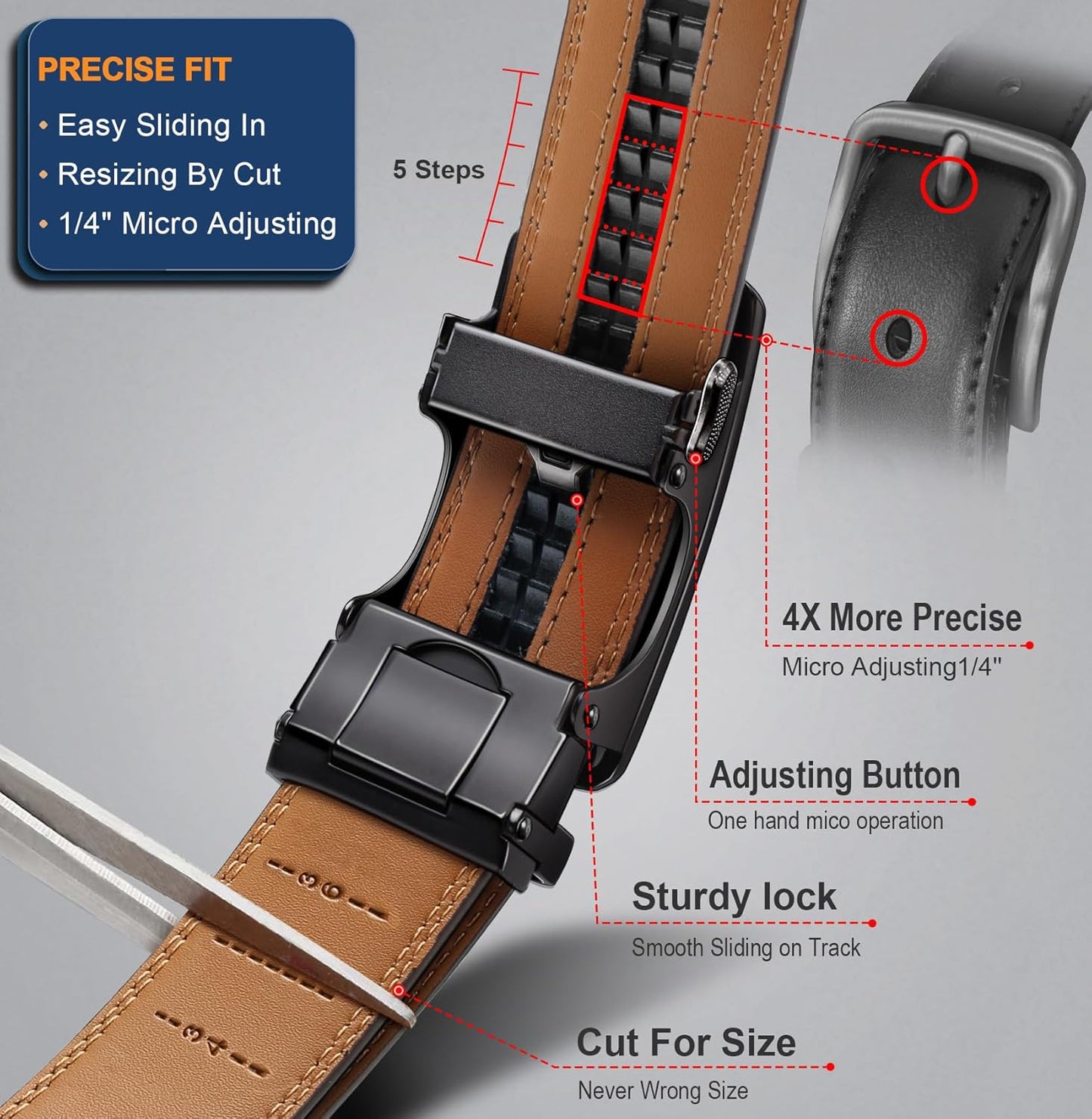 BULLIANT Men's Ratchet Belt 2 Pack-Click Leather Belt Adjustable for Men Gift 1 3/8-Cut for Perfect Fit
