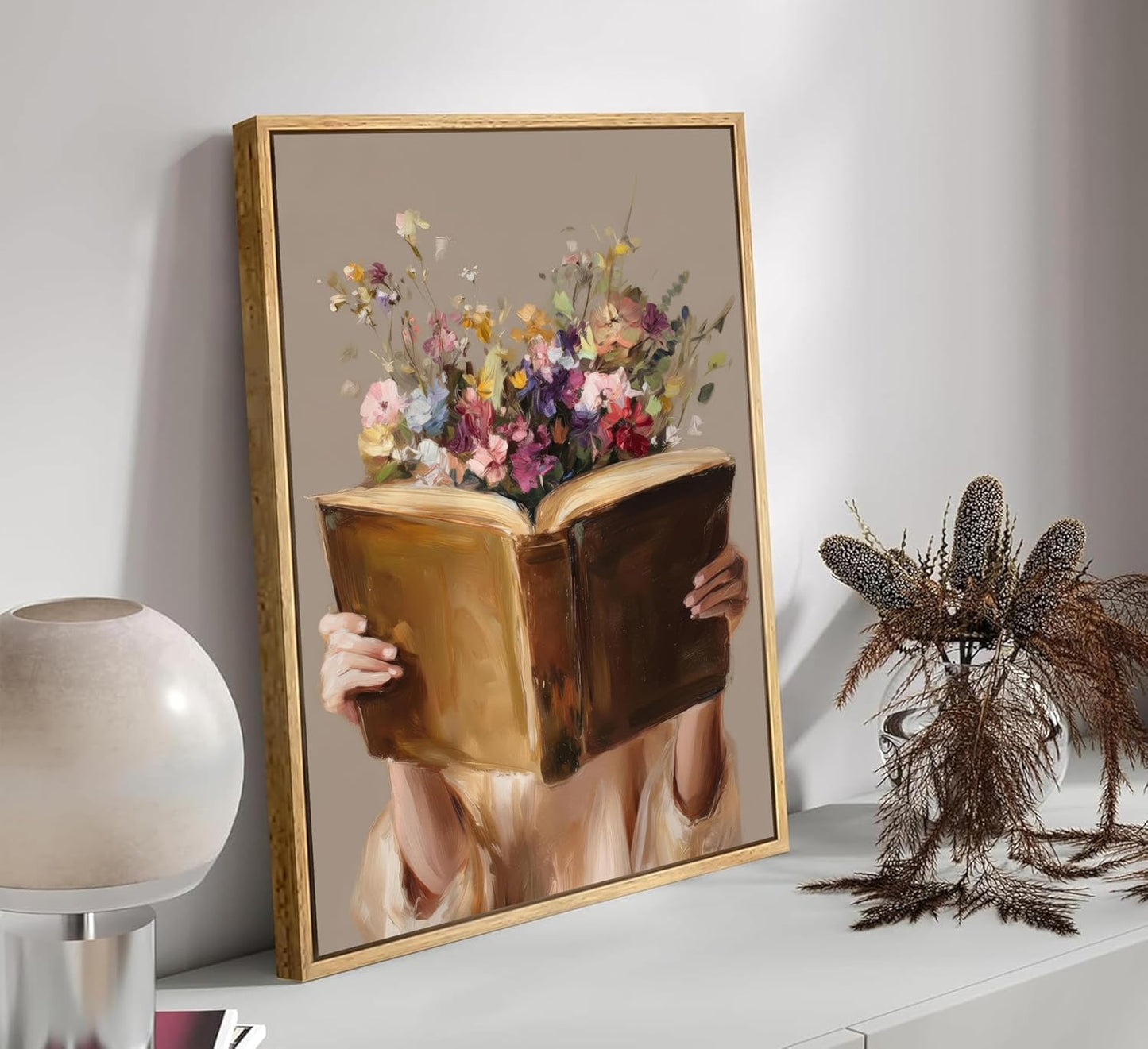 Framed Vintage Reading Woman Wall Art Floral Book Painting Picture Canvas Wall Decor Reading Aesthetic Poster Print Artwork for Library Living Room Dorm Bedroom Home Decoration