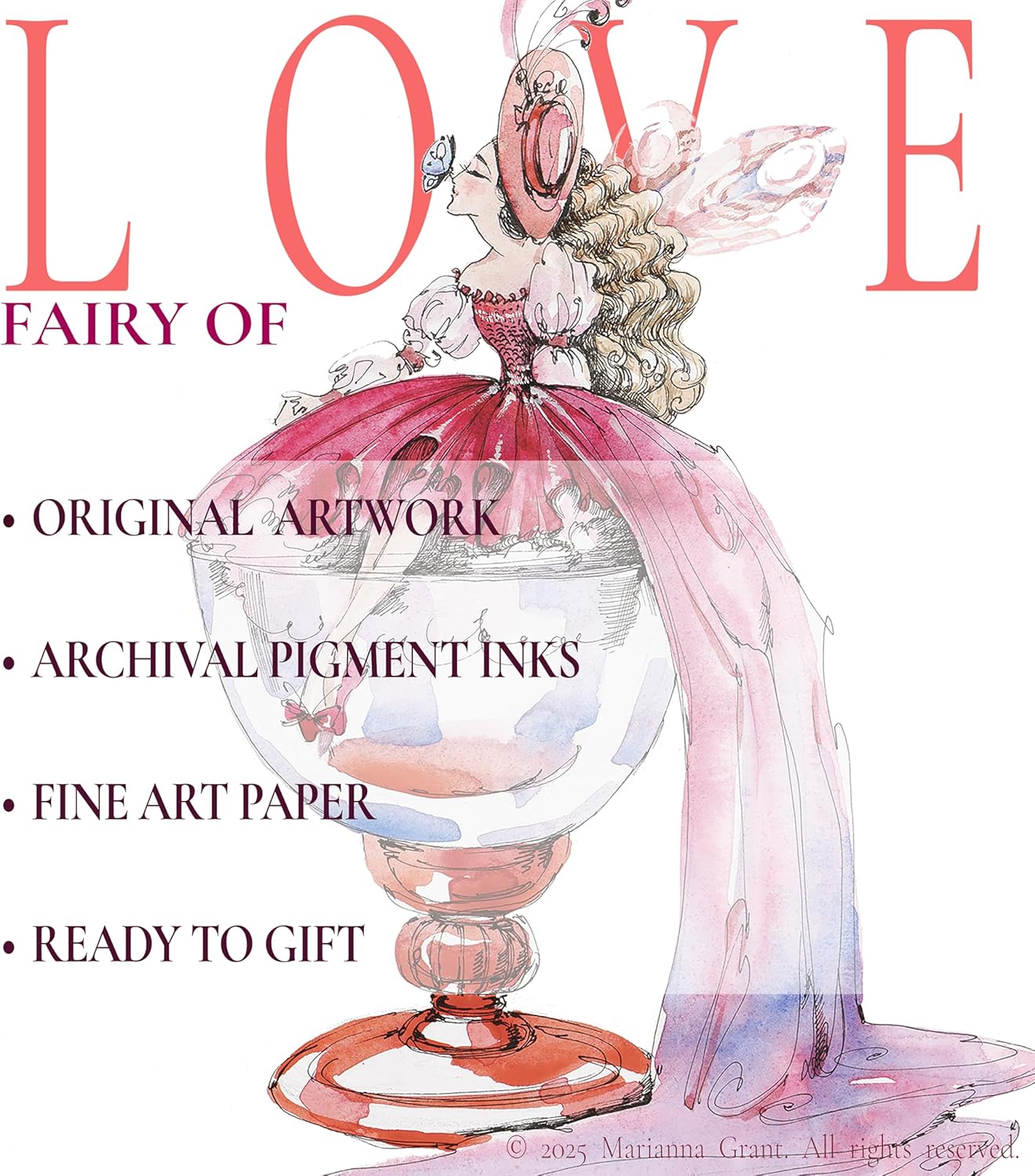 Framed Fairy Fine Art Print 8x10 in - Pink Fairy of Love Watercolor Painting with Modern Bronze Frame and Easel Stand for Wall or Tabletop Decor | Quiet Magic Collection | Reproduced from Original Watercolor Art