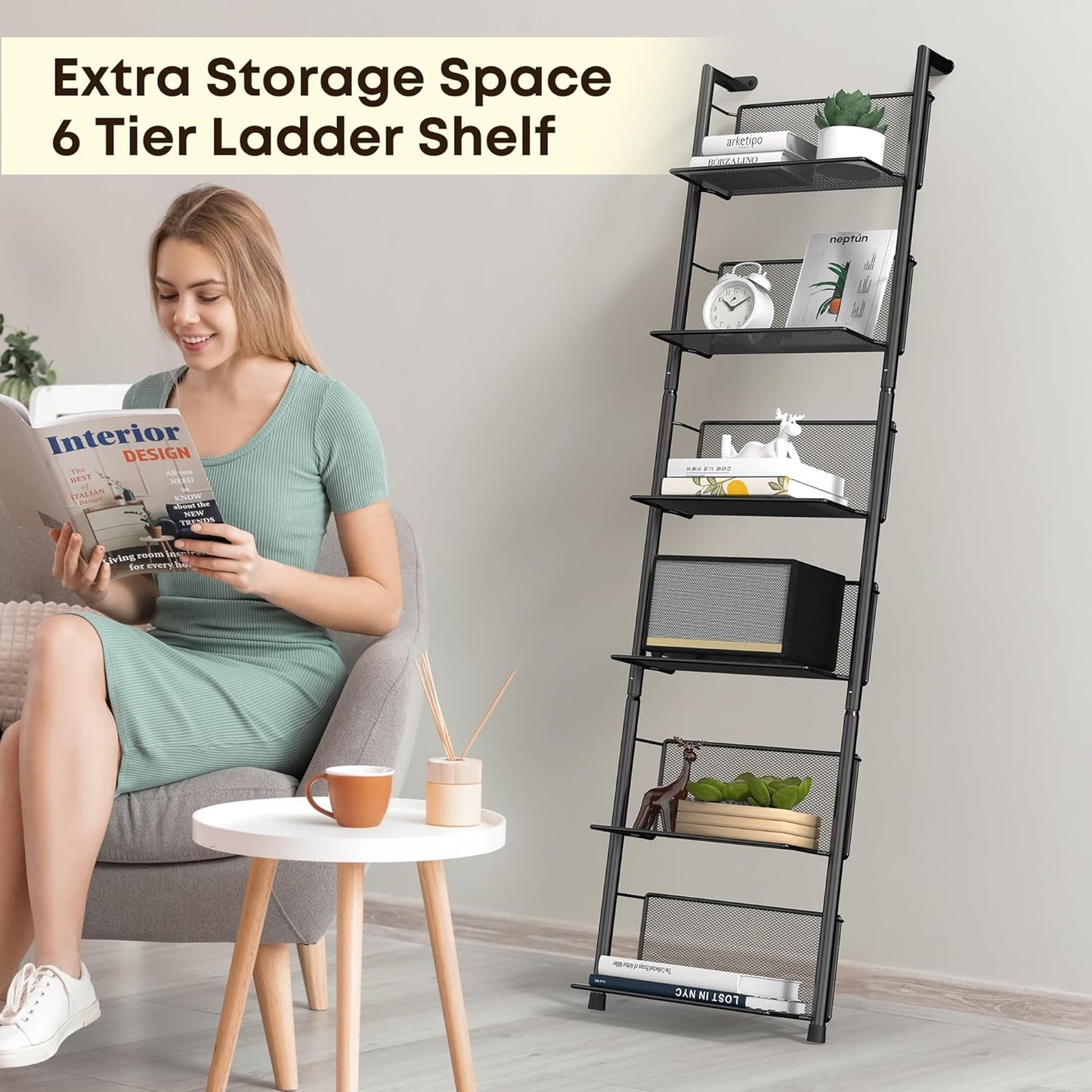 Docnest Industrial Wall-Mounted Ladder Shelf - 6-Tier Metal Bookshelf Organizer, 47.6 Inch Modern Floating Shelves for Plants, Books & Home Decor, Black Industrial Storage Shelving
