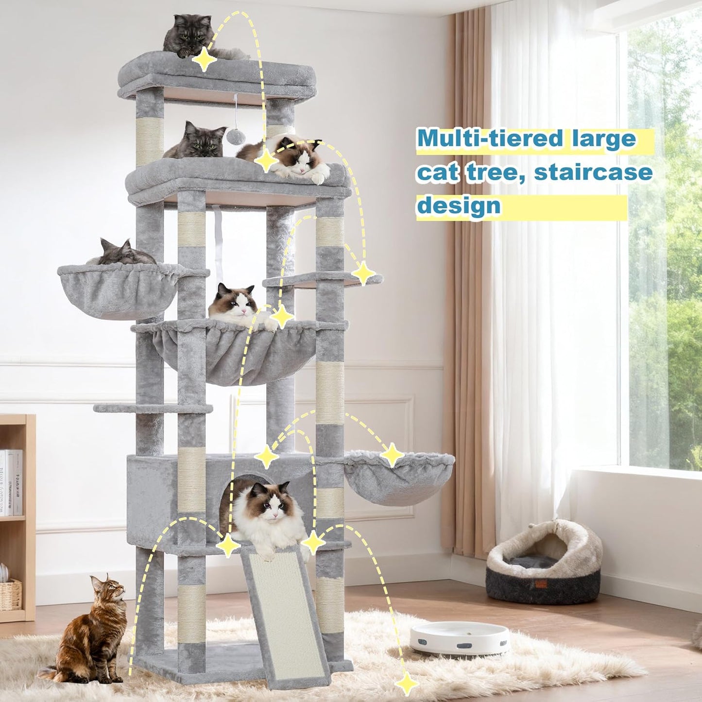 Hey-brother Cat Tree Tower, Scratching Posts with Extra Large Platform and Basket, Specious Condo, 2 Cozy Hammocks, Scratch Board for Indoor Adult Cats, Maine Coon 71.7 inches, Light Gray MPJ080W