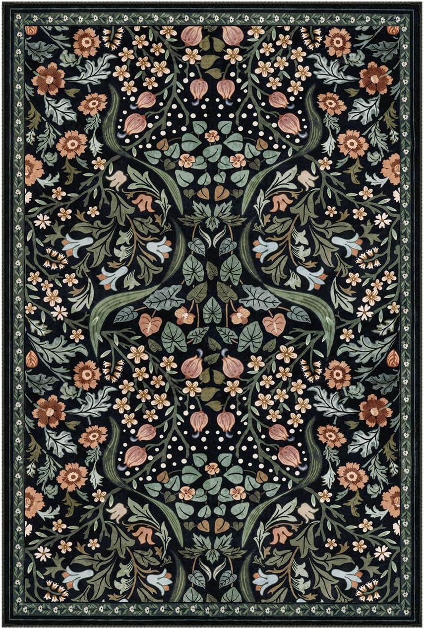 Moynesa Floral 2x3 Entryway Rug, Washable Kitchen Rugs Non Slip Front Door Mat for Indoor Entrance, Boho Ultra Thin Small Rug Soft Botanical Throw Carpet for Bathroom Bedroom, Black
