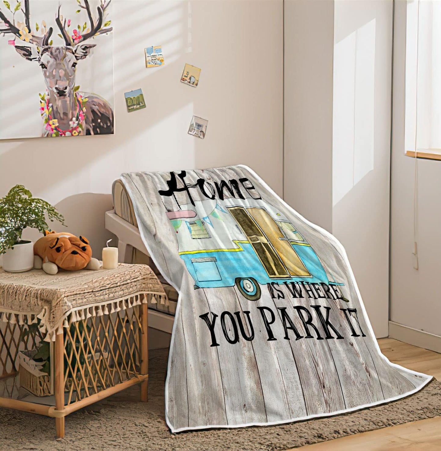 Soft Vintage Wooden Door Happy Camper Throw Blanket,RV Throw Blanket All Season Warm Blankets Tufted Flannel Throws Blanket for Sofa Couch,Rustic Trailer Motorhome on The Wood Plank Blanket