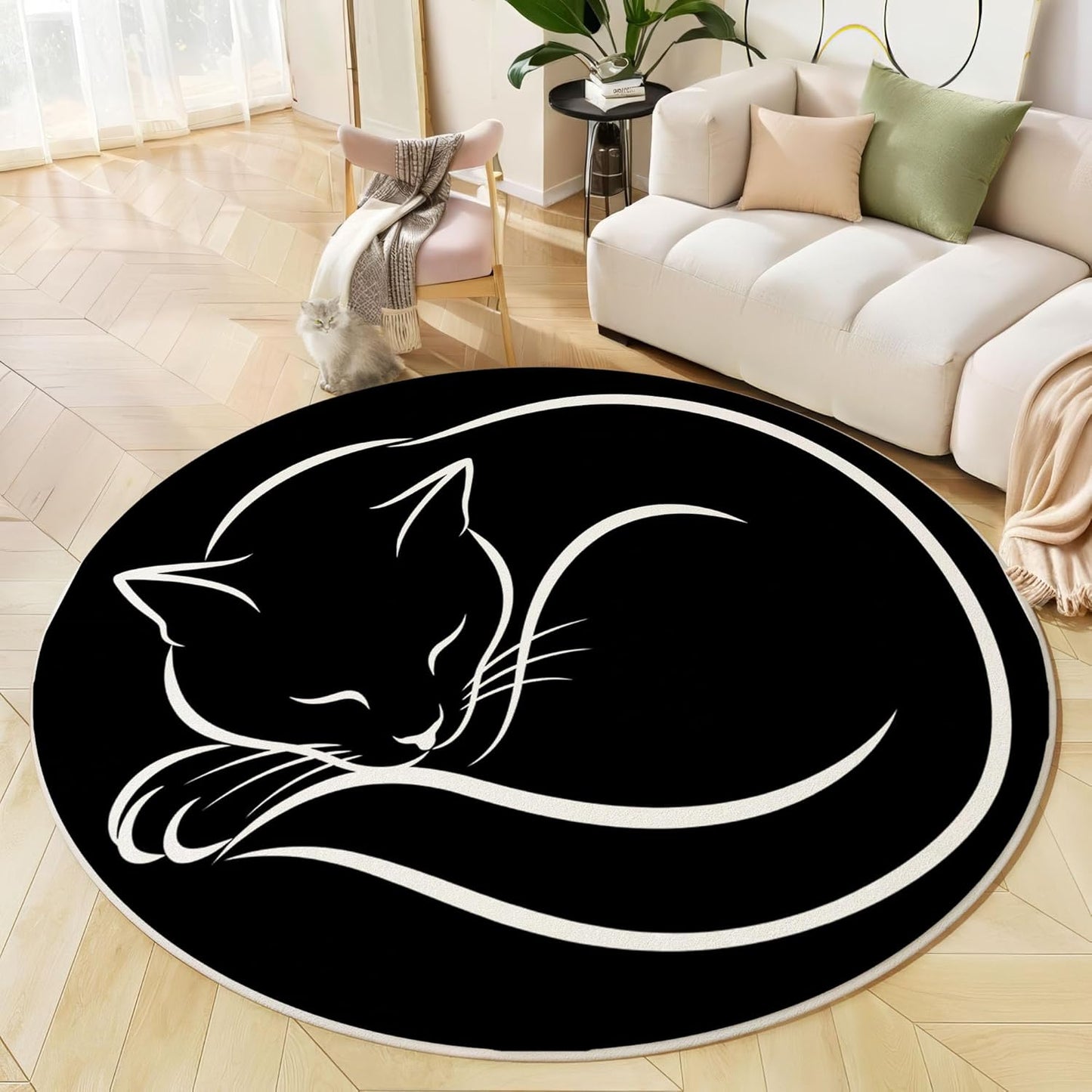 Round Area Rug, 4Ft Washable Non-Slip Black Simple Lines Cat Circle Rug, Soft Low-Pile Cute Animal Indoor Small Circular Carpet for Bedroom Entryway Dining Living Room