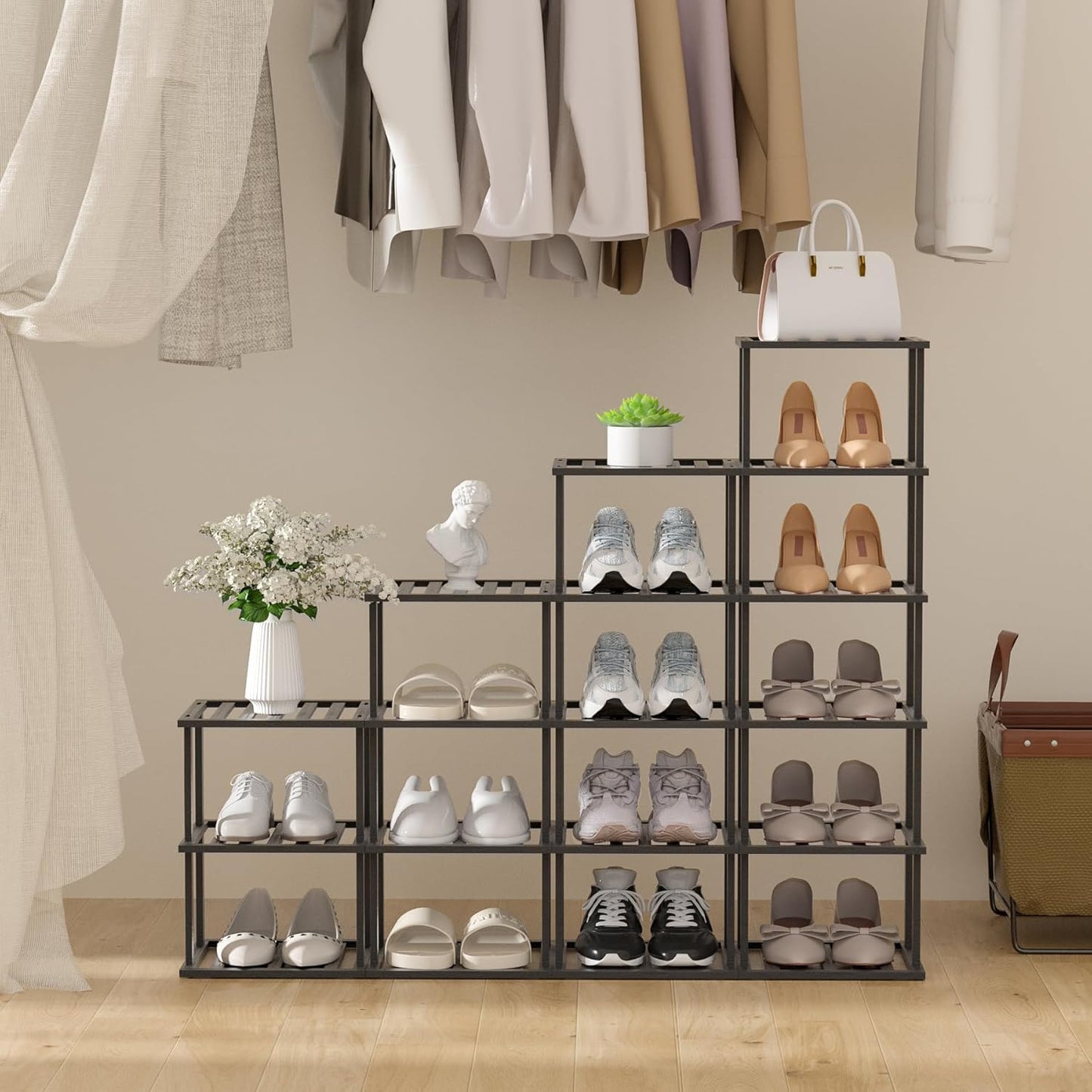 6-Tier Free Standing Shoe Racks, Bamboo Wood Shoe Rack for Entryway & Closet, Beautiful | Natural | Functional | Sturdy Shoe Rack Small Shoe Shelf for Small Spaces and Narrow Spaces Black