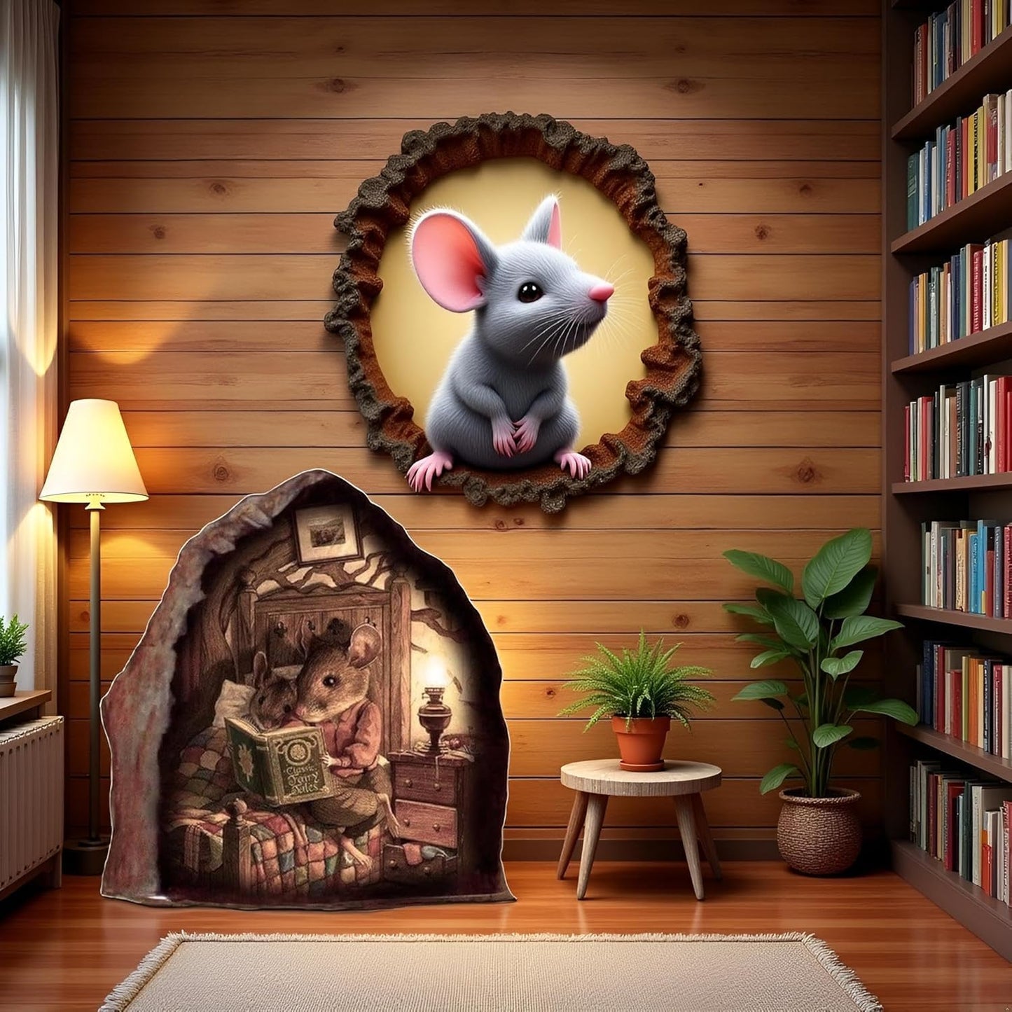 Mouse Hole Wall Decal, 3D Mouse Hole Realistics Wall Sticker, Reading Book in a Decal Fun Art, Water Proof Wall Stickers for Bedroom Decor Wall Treatments and Supplies