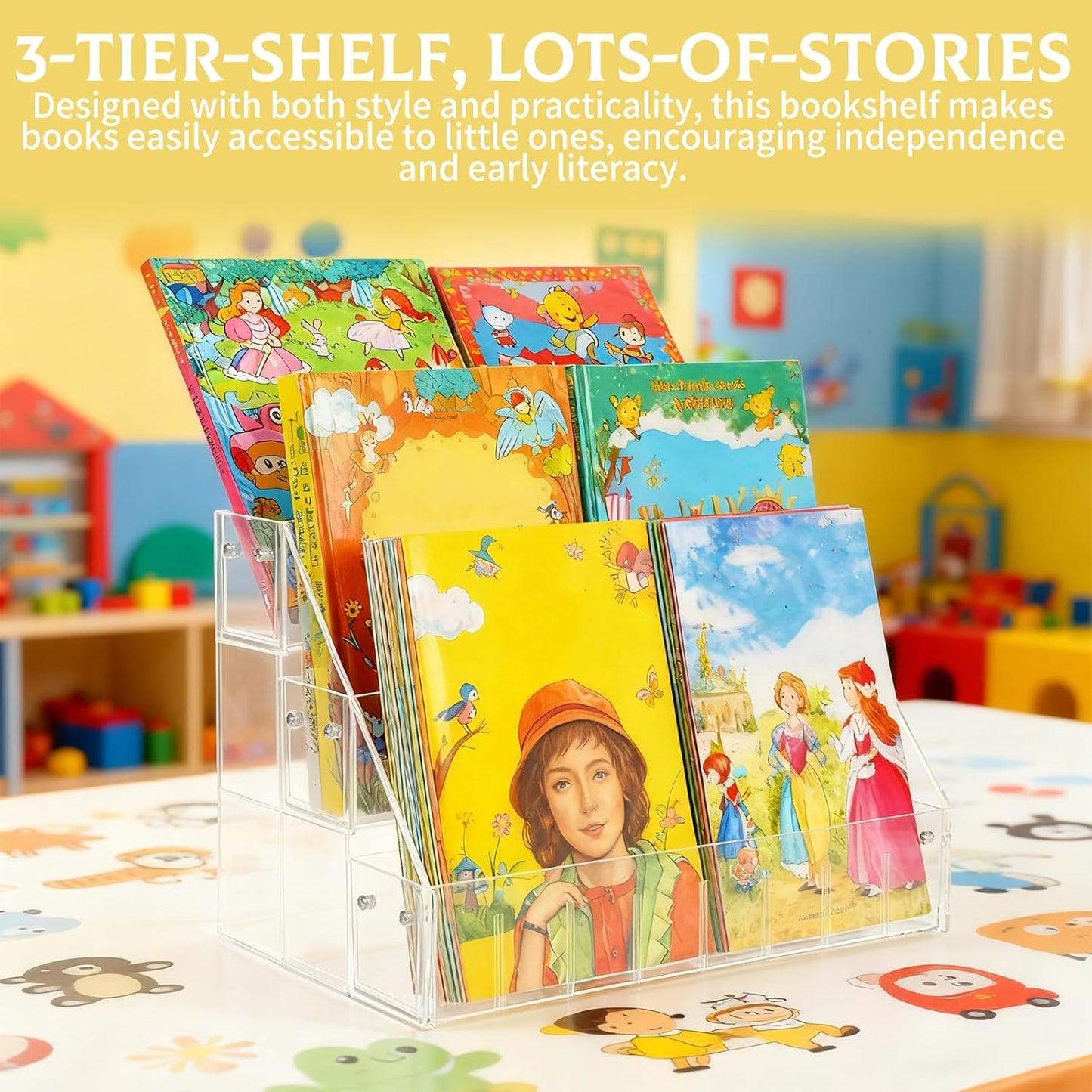 Small Bookshelf 3-Tier Clear Acrylic Book Display Organizer Front Facing Toddler Montessori Style Book Shelf Durable Bookcase for Nursery Room, Playroom, Classroom, and Reading Corner