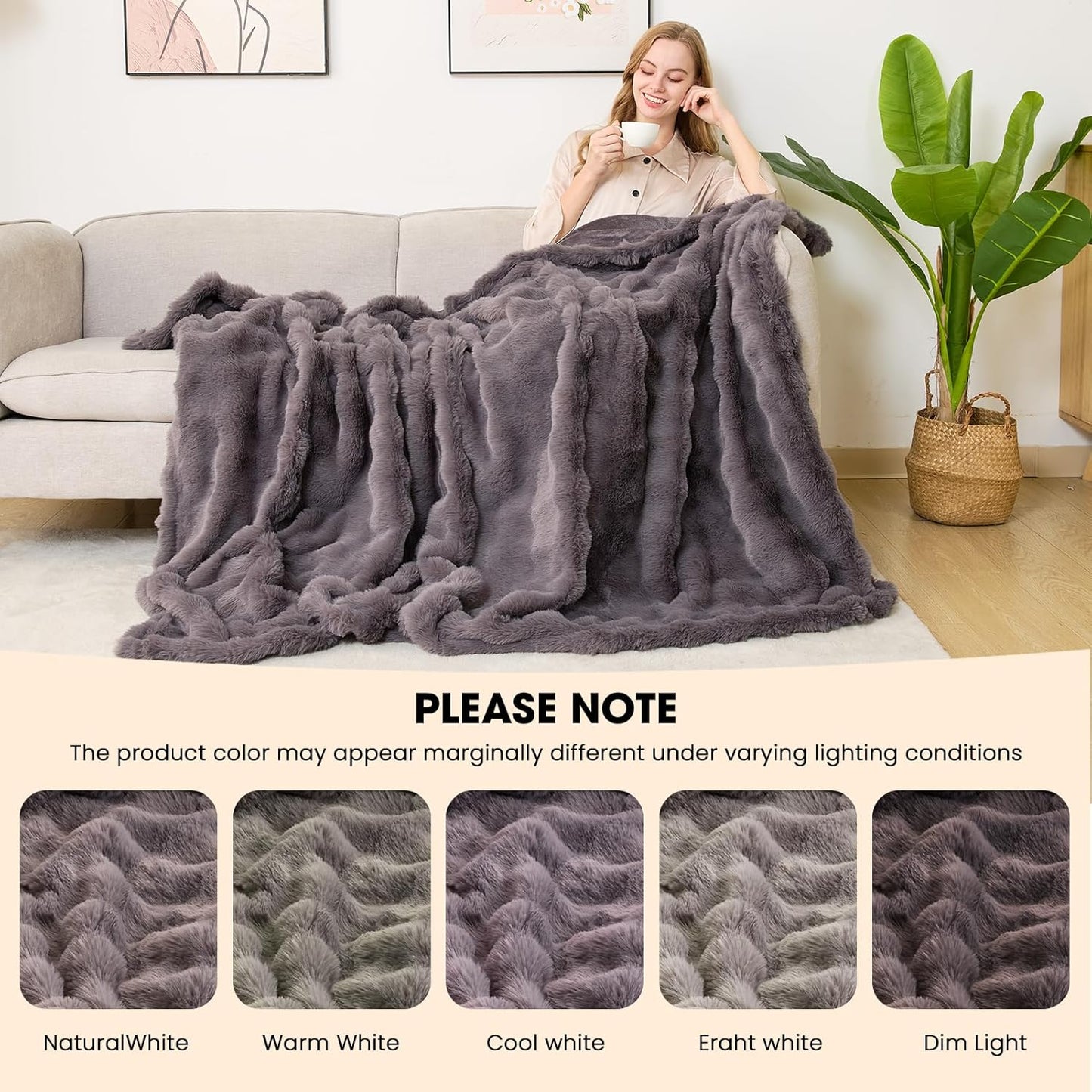 Heated Blanket Electric Throw - Soft Cozy Faux Fur Bubble Electric Blankets with 6 Time Settings, 8 Heating Levels, Fast Heating & Overheat Protection, Machine Washable (59" x 79", Gray)
