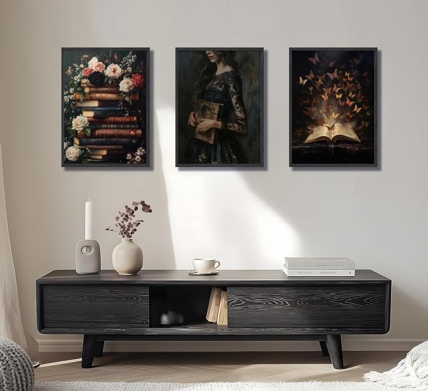 3Pcs Victorian Reading Wall Art Vintage Floral and Book Reading Posters a Mysterious Woman and Butterfly Wall Decoration a Dark Academic Aesthetic Canvas Painting Prints for Bedroom or Study Decor (Unframed)