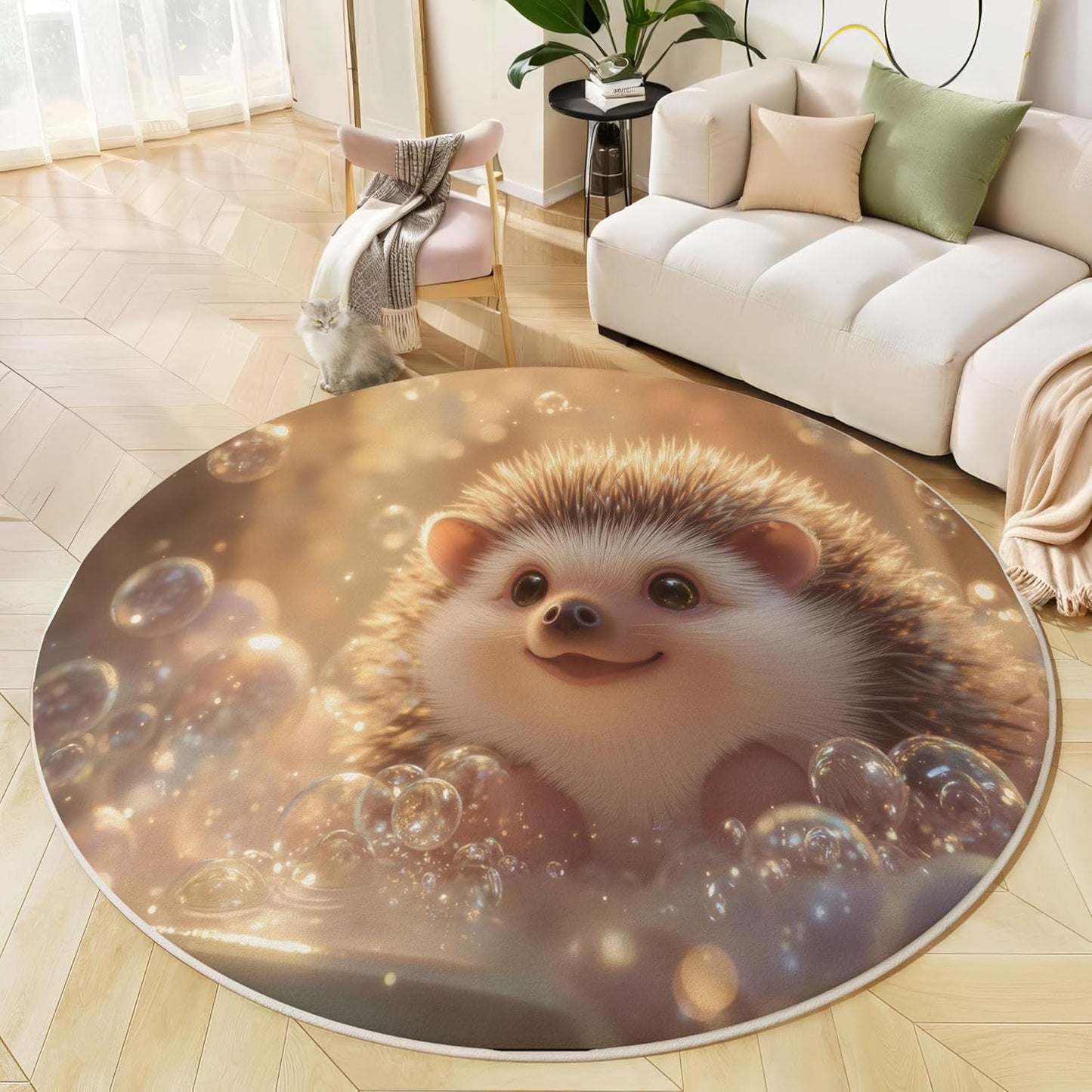 Modern Round Area Rug for Living Room, 6Ft Washable Round Rug Beige Yellow Cute Sunny Hedgehog Circle Rugs for Dining Room Table, Fun Animal Bathtub Small Circular Floor Carpet for Bedroom