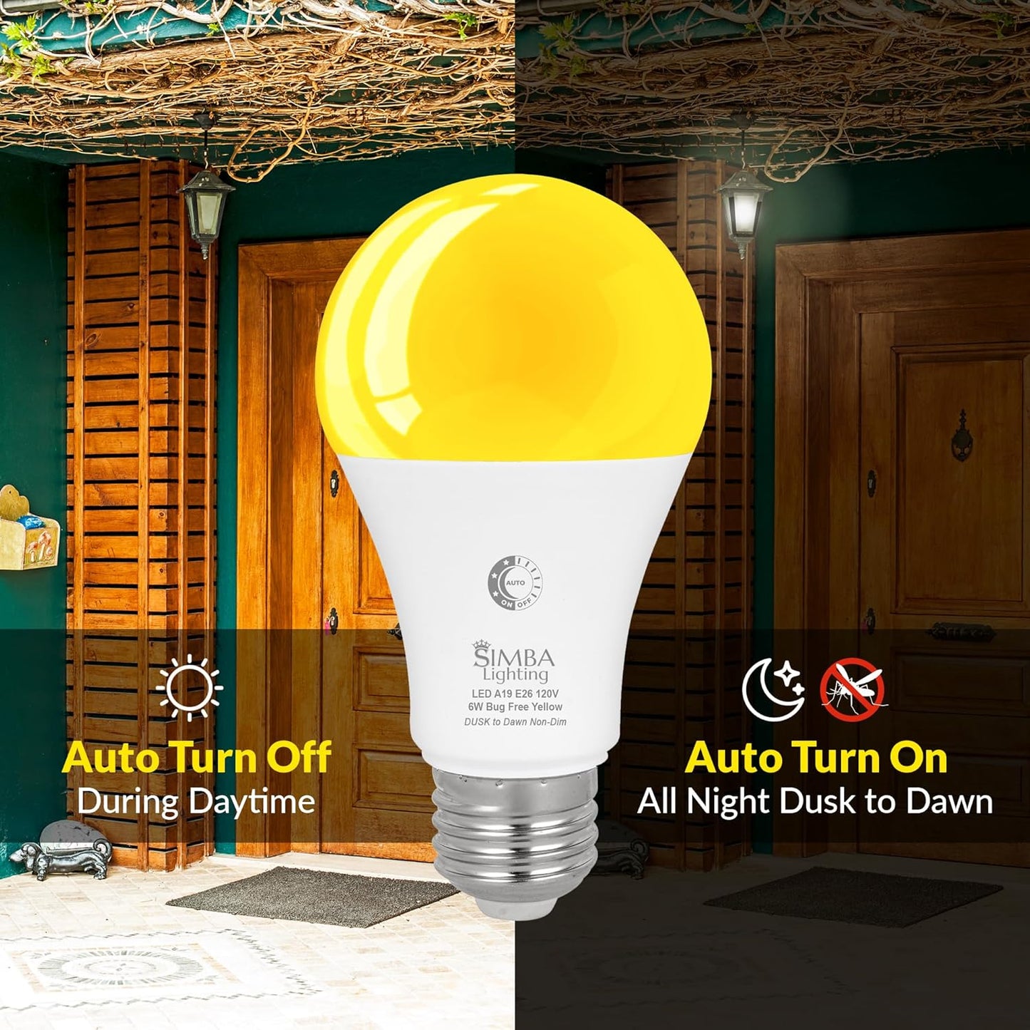 Simba Lighting Bug Non-Attracting Yellow LED Bulb 6W 40W Equivalent (4 Pack), Great for Outdoor Porch Light, Night Light, Dusk-to-Dawn Smart Sensor Auto On/Off, Amber Warm Light, A19 E26 Medium Base