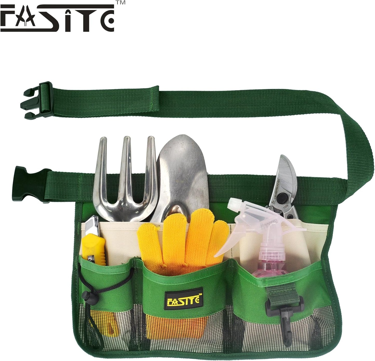 FASITE Gardening Tool Waist Bag Belt, Waterproof Garden Tool Apron with 7-Pocket Hanging Pouch for Men&Women, Adjustable, Green