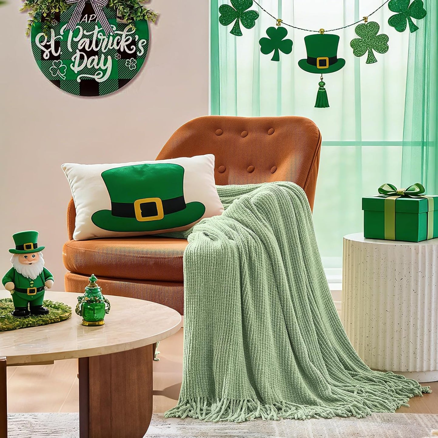 inhand Basil Green Throw Blanket for Couch Bed,St. Patrick’s Day Lucky Spring Gifts Throw for Men Women,Chunky Chenille Woven Soft Warm Blanket,Boho Farmhouse Cozy Decor,60"x80",Medium Thick,