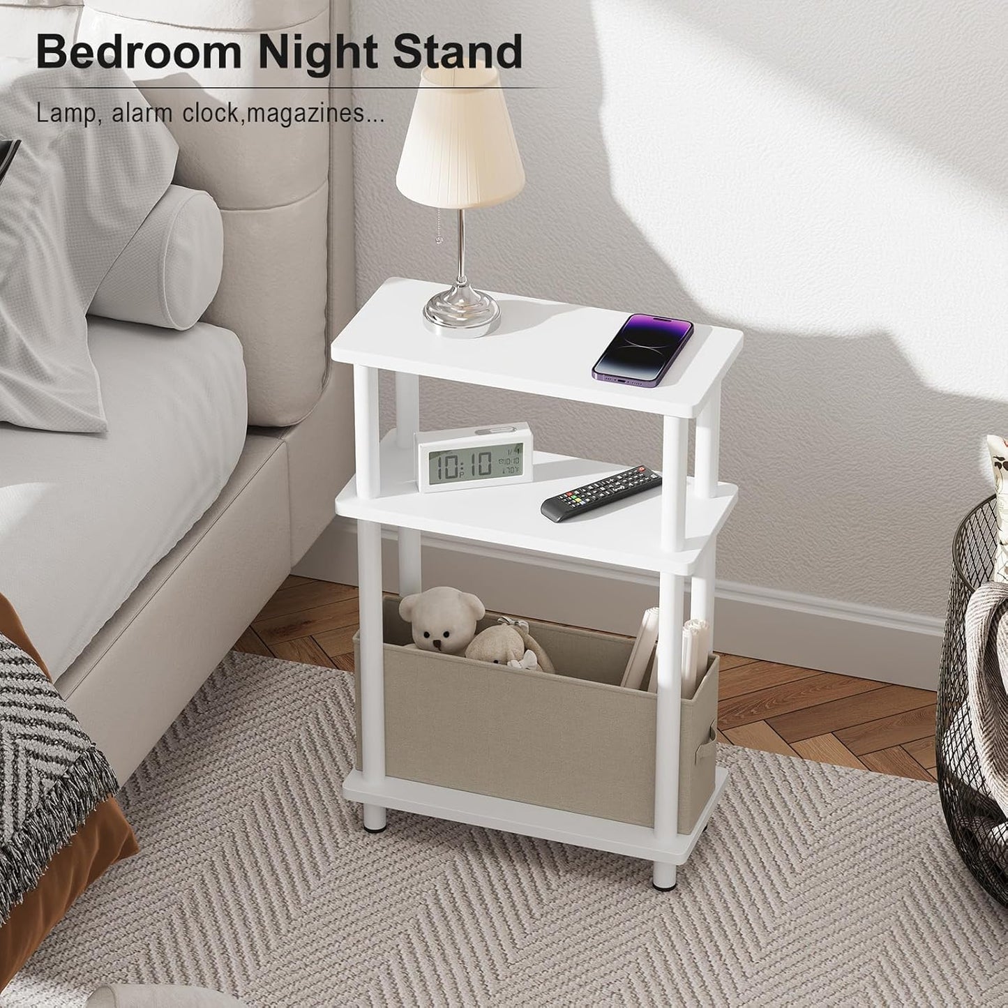 Apicizon Small Narrow Side Table, 3-Tier Skinny End Table with Fabric Basket, Slim Nightstand Bedside Table for Small Spaces, Living Room, Bderoom, White
