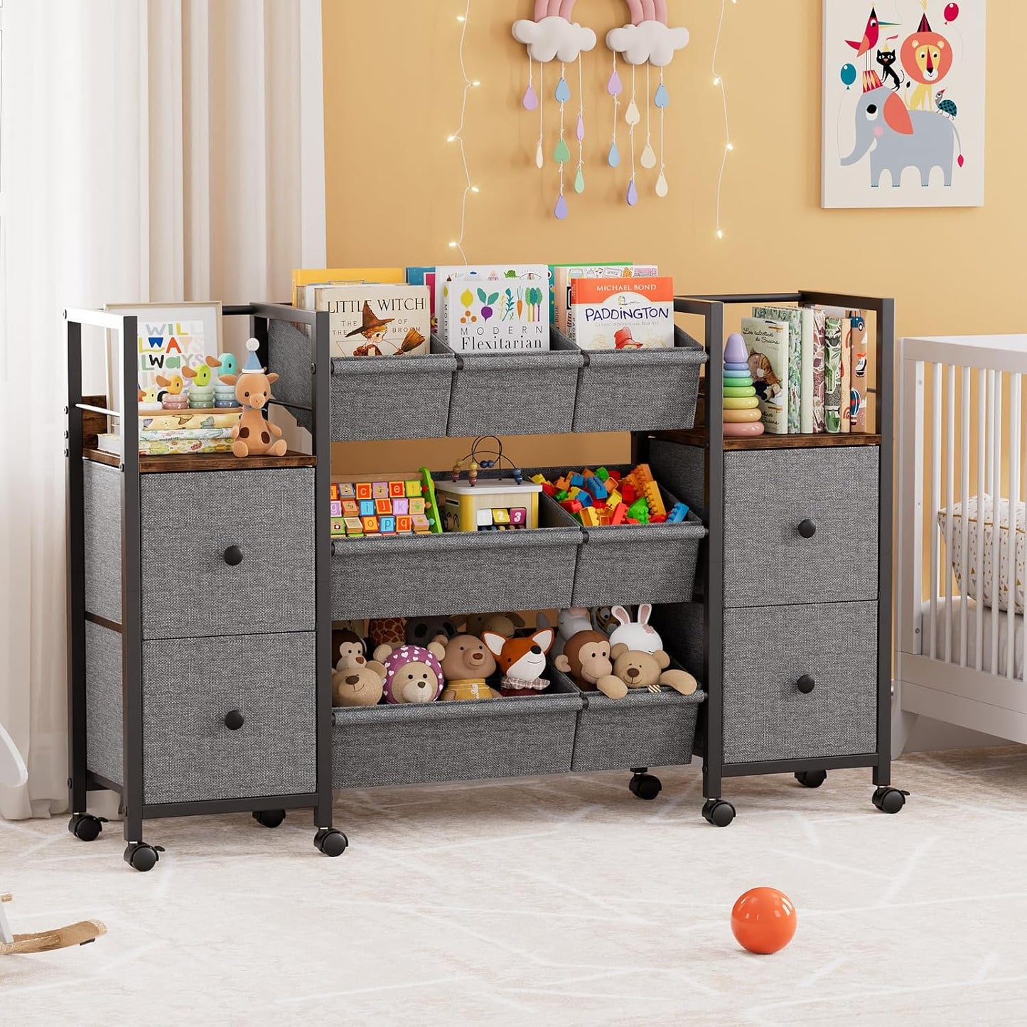 Kids Toy Organizers and Storage Bins - 7 Storage Bins + 4 Fabric Drawers + 2 Bookshelf, Playroom Storage, Mobile Cart Organizer for Toy, Clothes, Blankets and Books (Black)