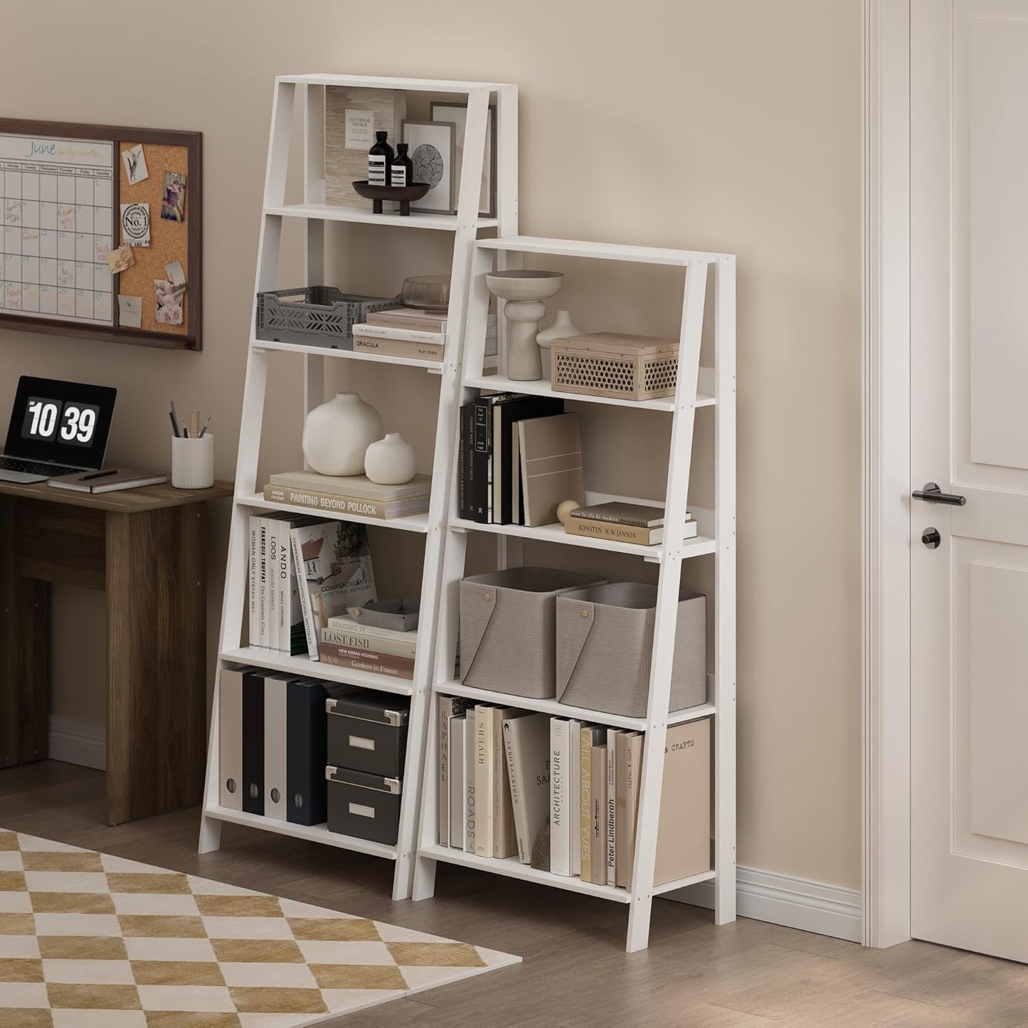 Furinno Ladder Book Shelf, 6-Tier Ladder Shelf, Open Design Bookshelf, Display Storage Bookcase, 14.8" x 23.6" x 66.2", Living Room, Home Office, White