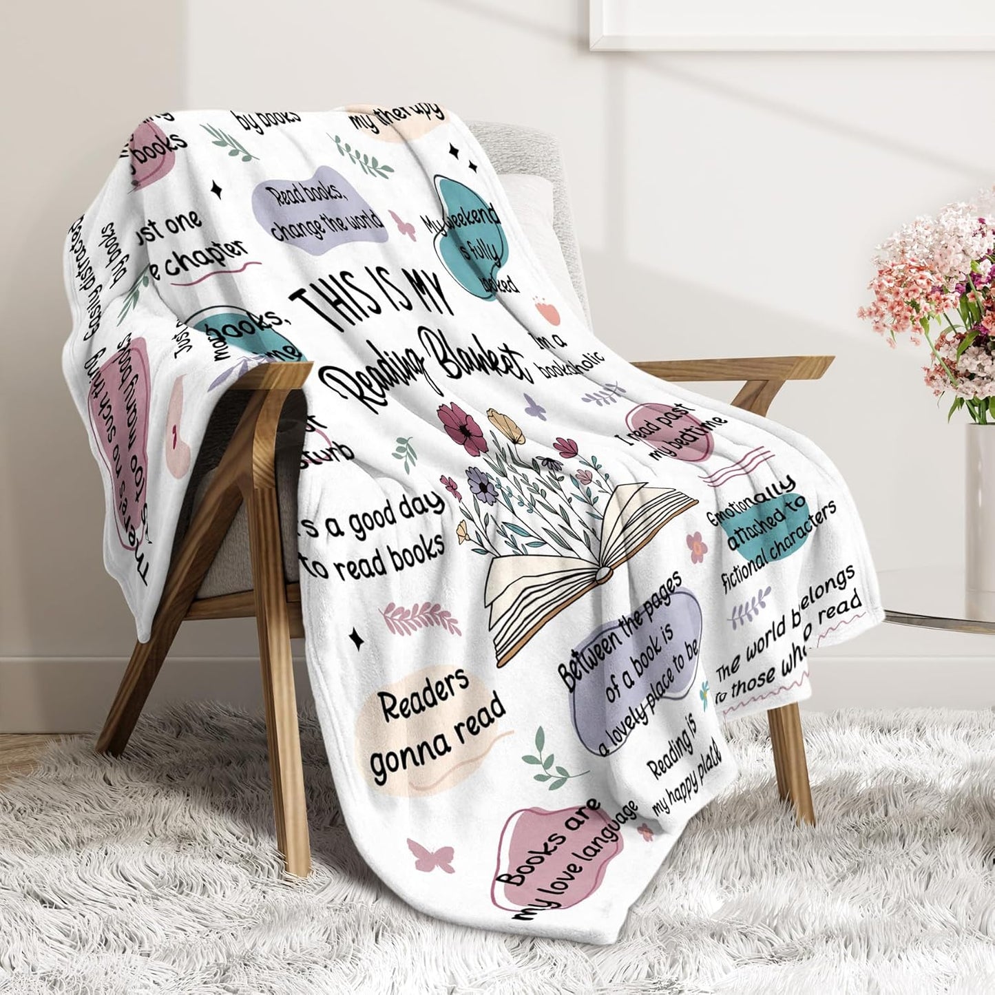 BaubleDazz Book Lovers Gifts for Women, This is My Reading Blanket with Flowers, Book Club Bookish Reading-Themed Birthday Gifts for Readers, Librarian, Bookworm, Girl, Watercolor Nap Blanket(50*60)