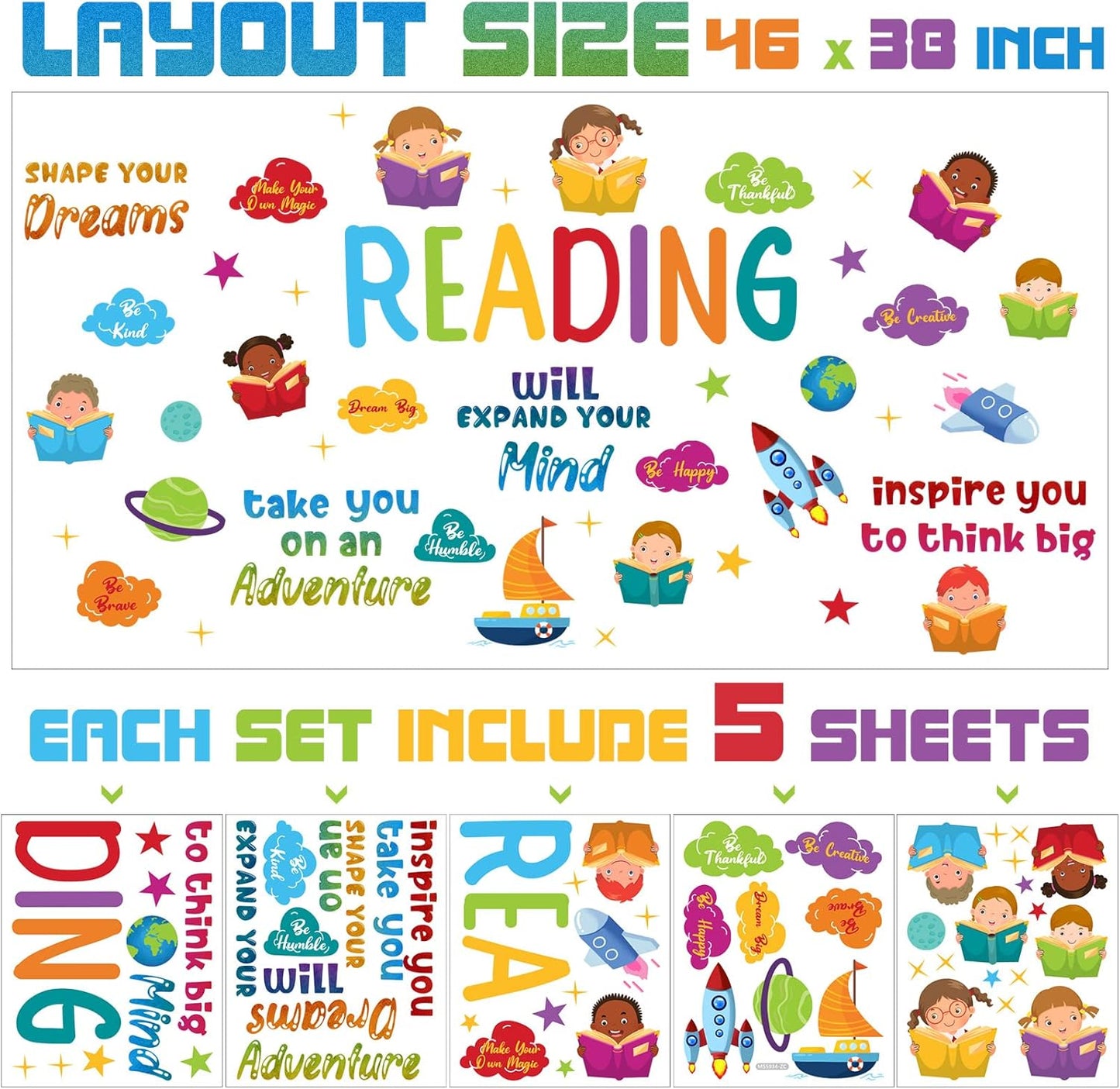 Leinuosen Kids Wall Decals Classroom Colorful Inspirational Decals Daycare Playroom Wall Decor Motivational Positive Saying Sticker(Reading)