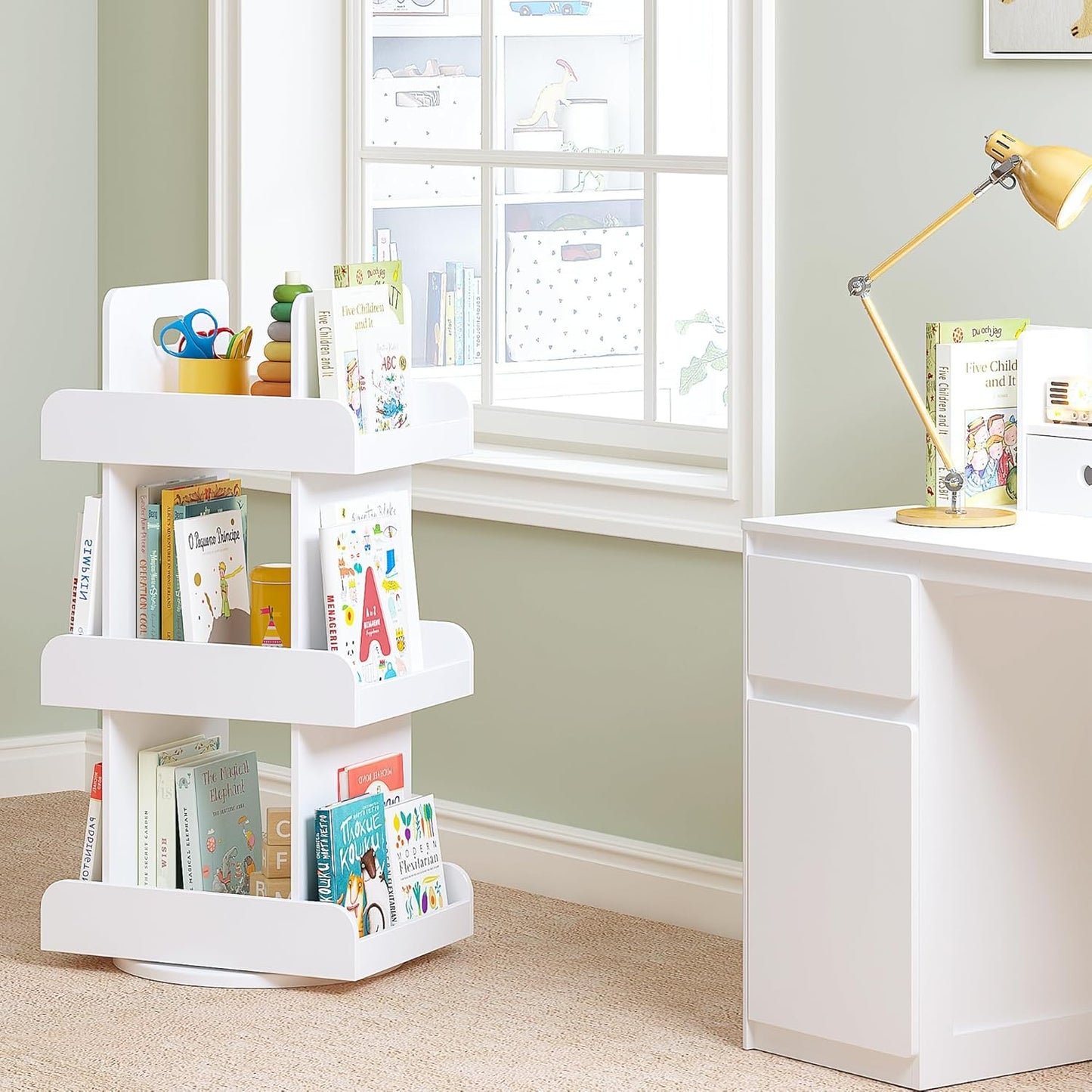 Spirich Kids Rotating Bookshelf Tower, Spinning Bookcase Lazy Susan with Book Display, 3 Tier Revolving 360 Book Shelf Storage, Vertical Rotate Turning Corner Organizer, White