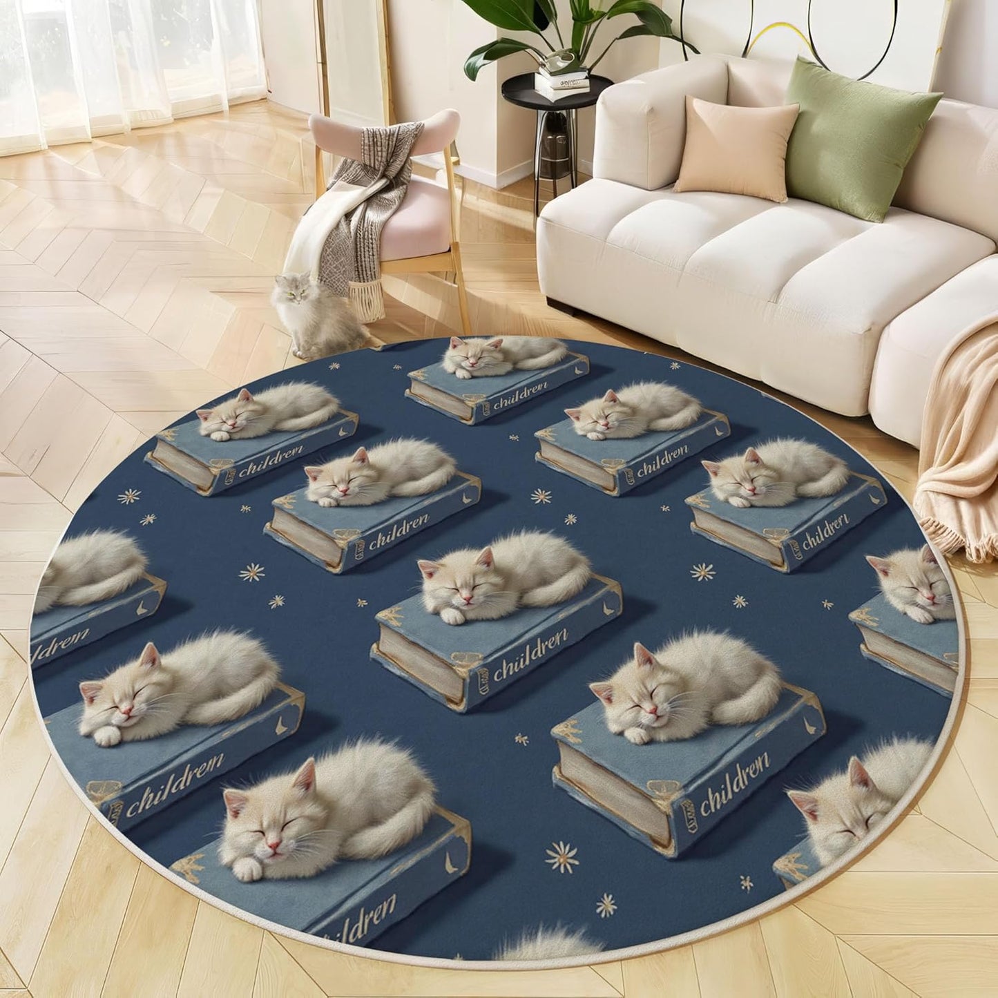 Washable Cute Cat Books Area Rug, 6Ft Round Rugs for Living Room Soft Carpet for Bedroom Animals Starry Sky Indoor Stain Resistant Non-Shedding Floor Carpet, Navy Blue, 6Ft-Round