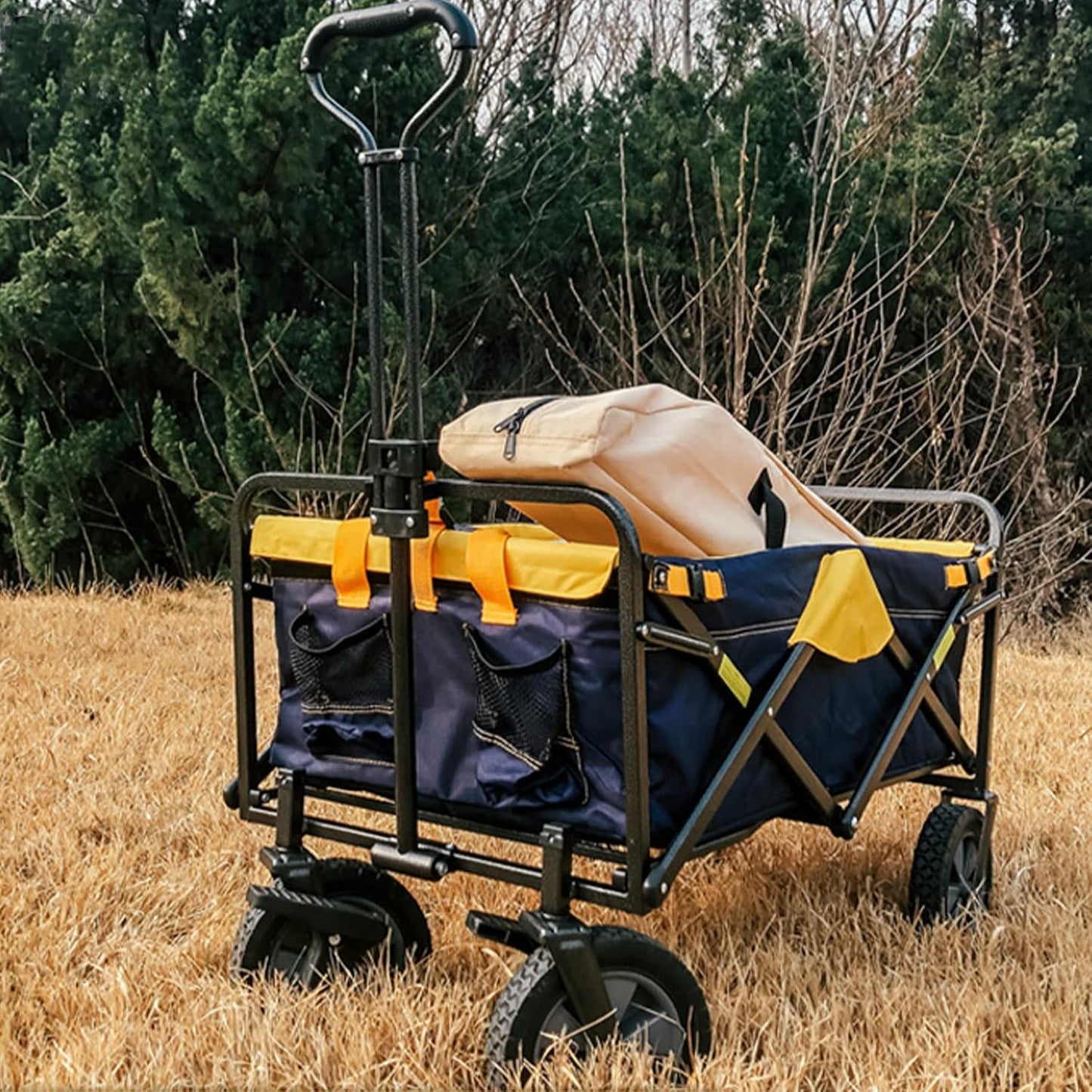 Foldable Outdoor Cart Rubber Wheels Heavy Duty Utility Wagon Camping Picnic Garden Grocery Trolley with Removable Fabric and Brake