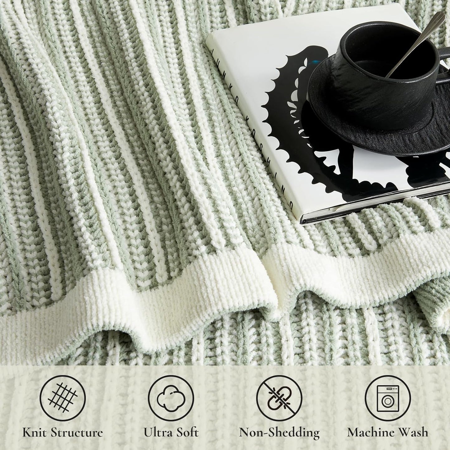 Amélie Home Striped Knit Throw Blanket for Couch, Dual-Sided Soft Chenille Decorative Blankets for Sofa & Chair, 50"x60", Sage Green & White