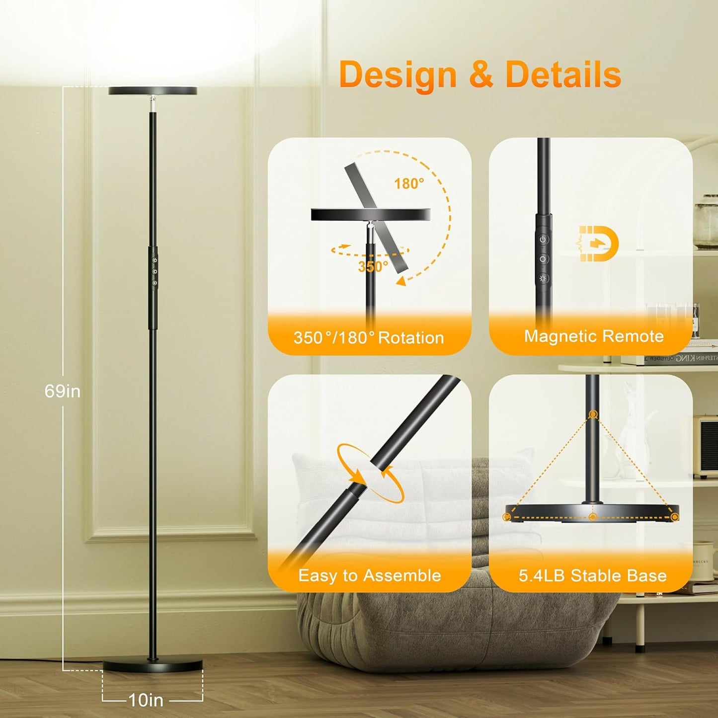 RGB Torchiere Floor Lamps for Living Room, 3600LM 36W Bright LED Standing Lamp with Remote, Modern Color Changing Tall Lamp with Stepless Dimming, 69" Corner Floor Lamp for Bedroom, Office
