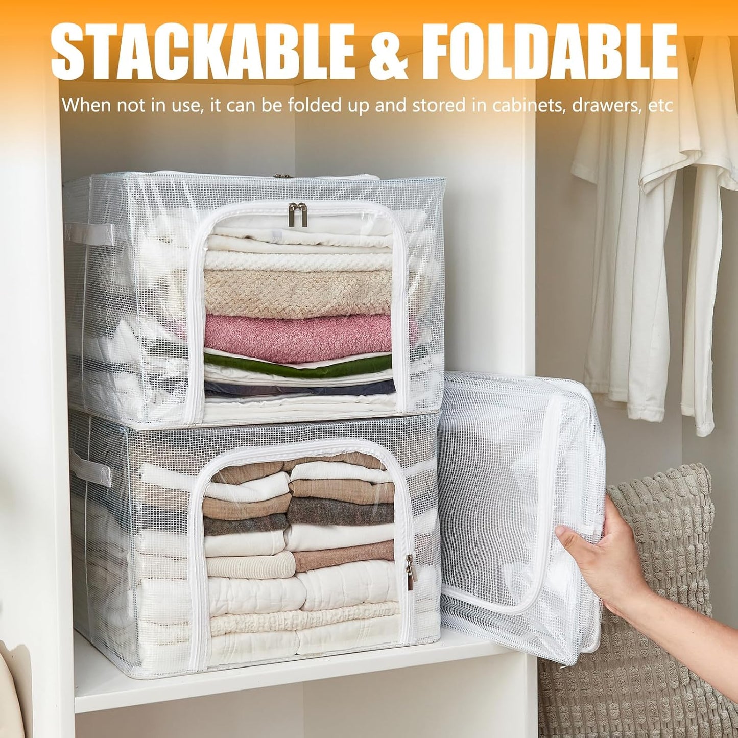 Clear Stackable Clothes Storage Bins with Metal Frame, Foldable Storage Box with Lid, Bedroom, Closet Organizers and Storage Container with Zippers & Durable Handles (Clear, 3 Pack)
