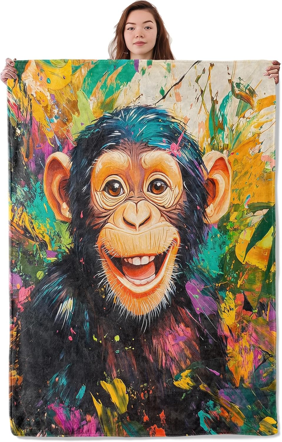 Playful Chimpanzee Blanket, Soft Warm Cozy Funny Monkey Throw Blanket Gifts for Adults Kids Women, Lightweight Fuzzy Comfy Flannel Blankets for Couch, Travel, Bed, House Decor 60×50 Inch