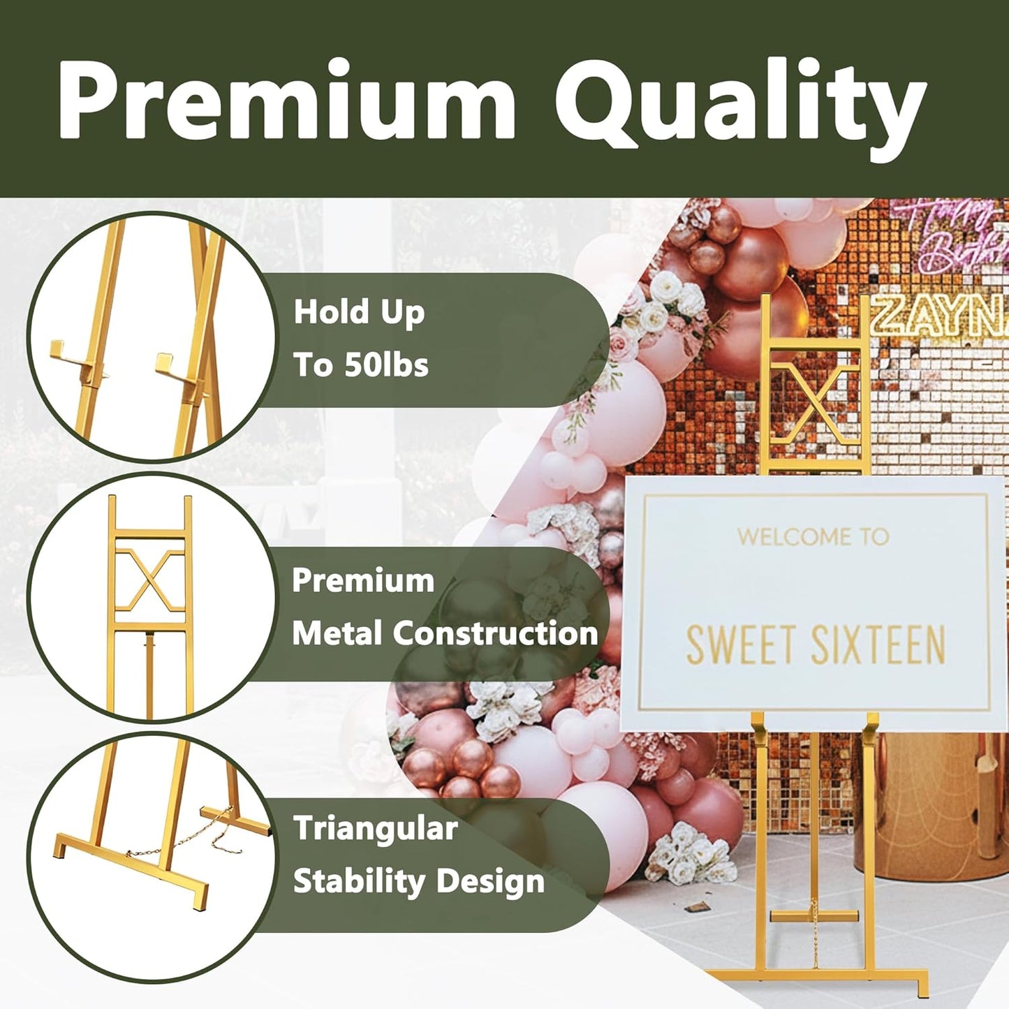 Gold Easel Stand for Sign, 53'' Adjustable Easel Stand for Display, Metal Easel Display Stand Heavy Duty(Square Tube)