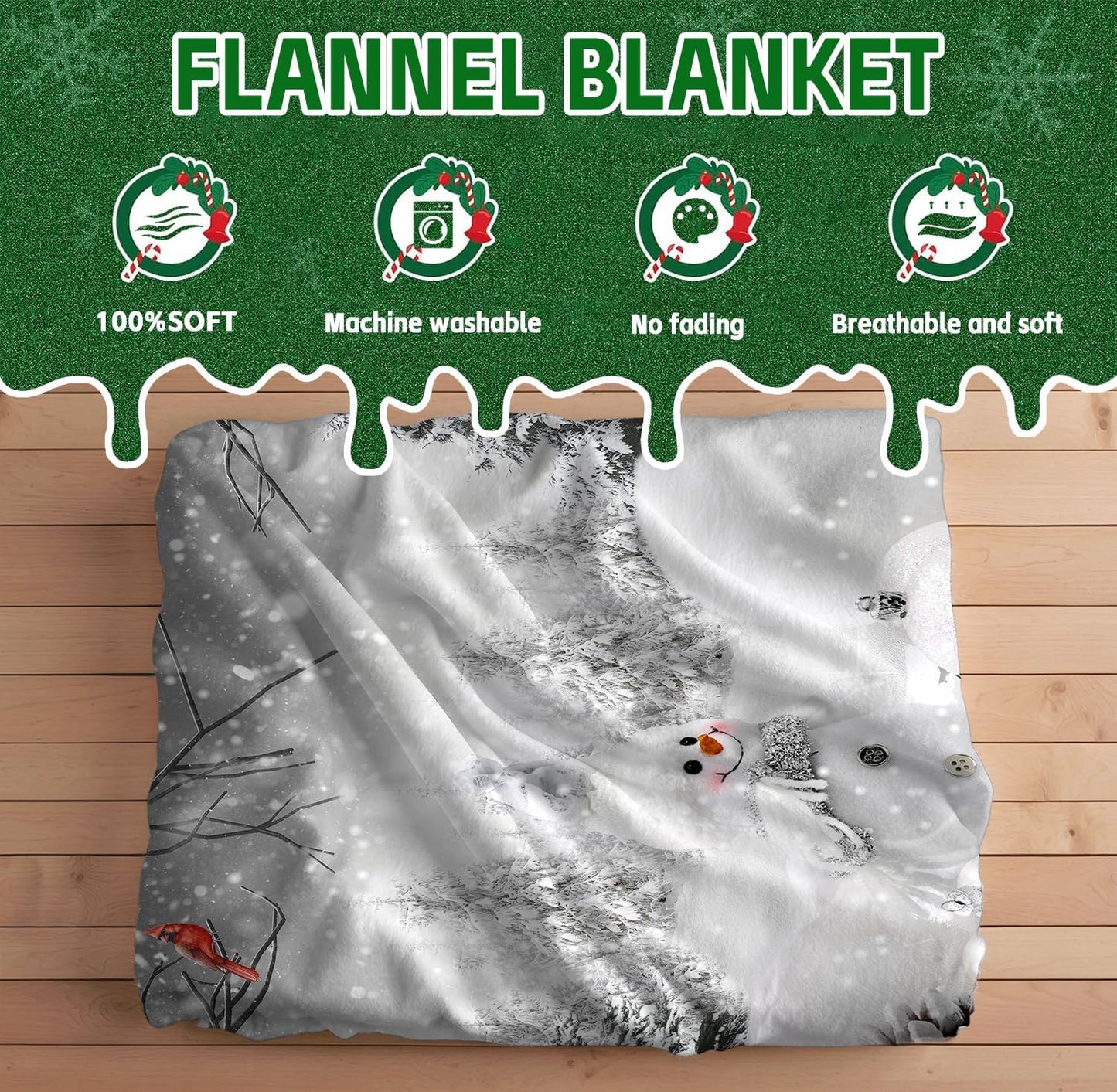 Merry Christmas Winter Throw Blanket, Snowman Xmas Pine Tree Forest Farmhouse Warm Flannel Blanket for Living Room Couch Bed Chair or Dorm, 50x60 Inch