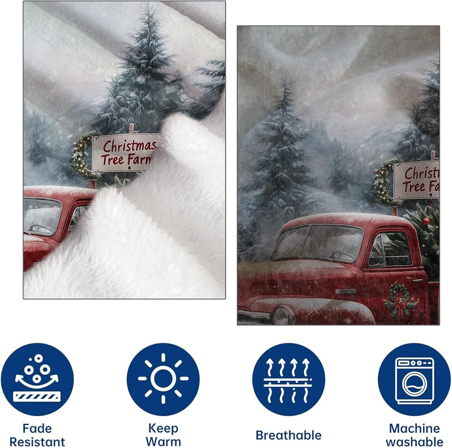 Holiday Truck Flannel Throw Blanket 50x60 Inch, Red Vintage Car with Christmas Tree in Snowy Forest Blankets Soft Cozy Fleece Throws for Adults Bed Sofa Dorm Living Room Winter Decor Gifts