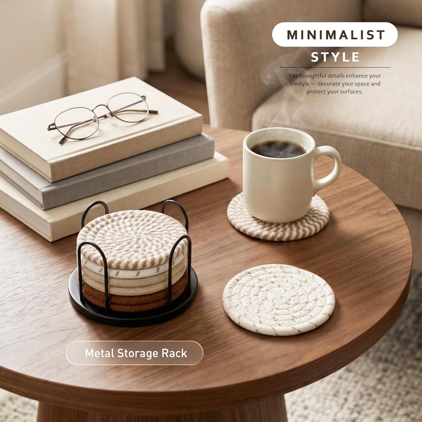 Coasters Set of 8 for Drinks, Beer, Coffee, Cotton Woven 4 Colors Absorbent Coaster with Holder, Boho Coasters for Home Decor Tabletop Protection Suitable for Kinds of Cups, Coffee