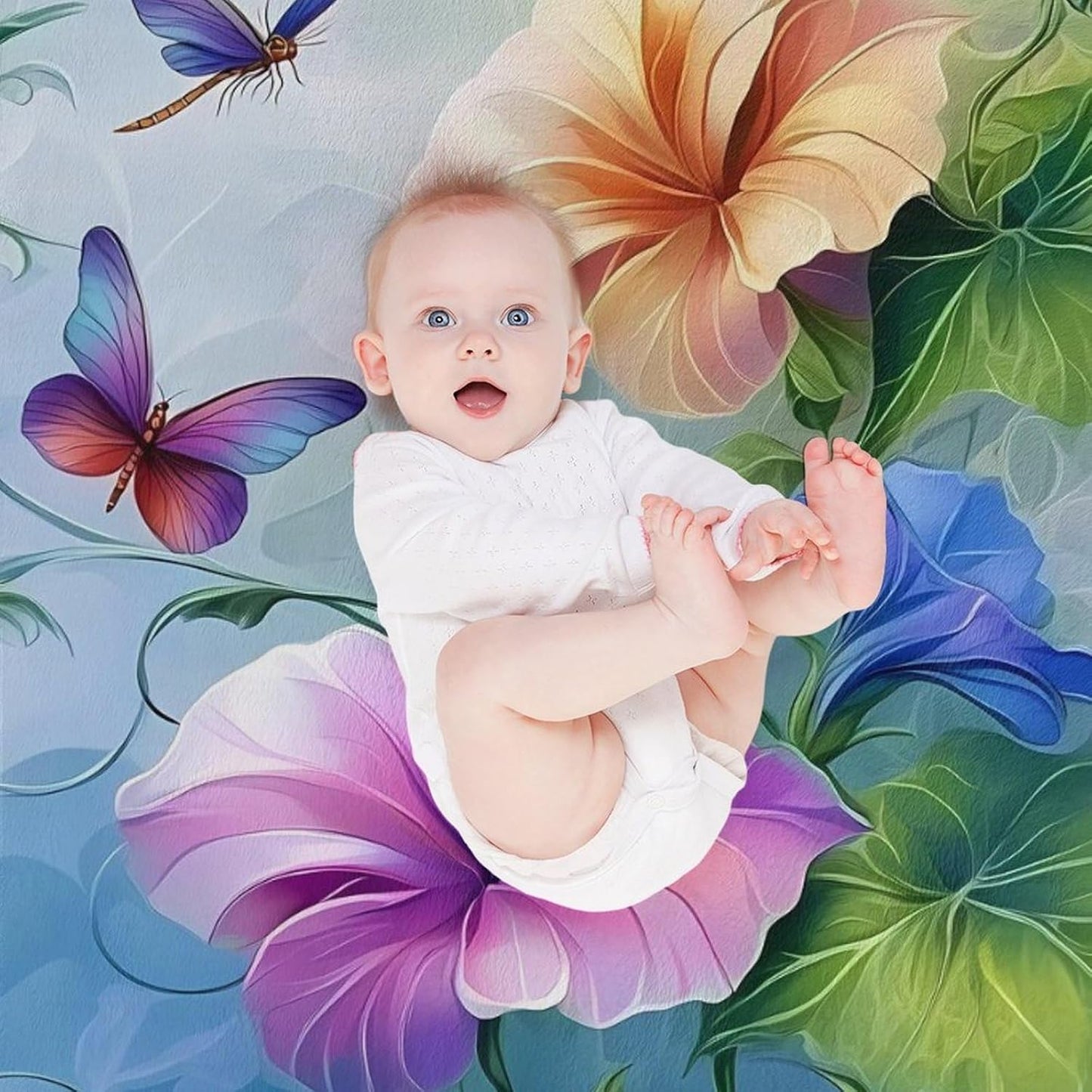 Dragonfly Cup Shaped Romantic Flowers Throw Blanket for Couch Bed Plush Cozy Fuzzy Flannel Blanket for All Season 55"x70"