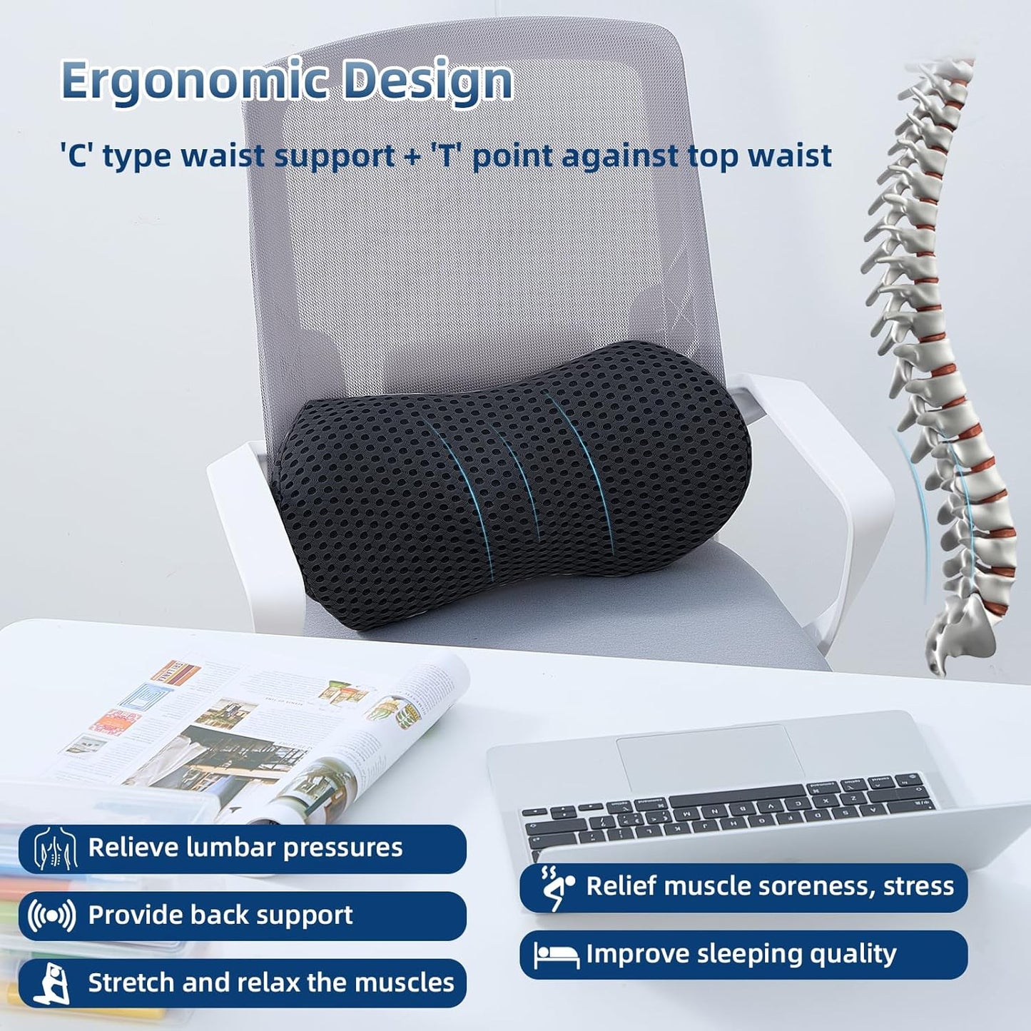 Lumbar Pillow, 2 Pack Memory Foam Lumbar Support Pillow for Office Chair and Car Seat, Ergonomic Streamline Back Pillow for Lower Back Pain Relief, Back Support Pillow for Sitting, Driving, Traveling