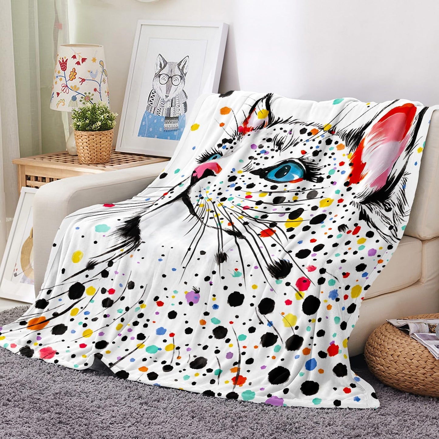 Cat Throw Blanket Colorful Spot Cats Blanket Cute Pet Cats Gift for Cat Lover Throw Blanket Flannel Fleece Cozy Fuzzy Plush Throw Blankets for Bed Chair Couch 50" X 60"