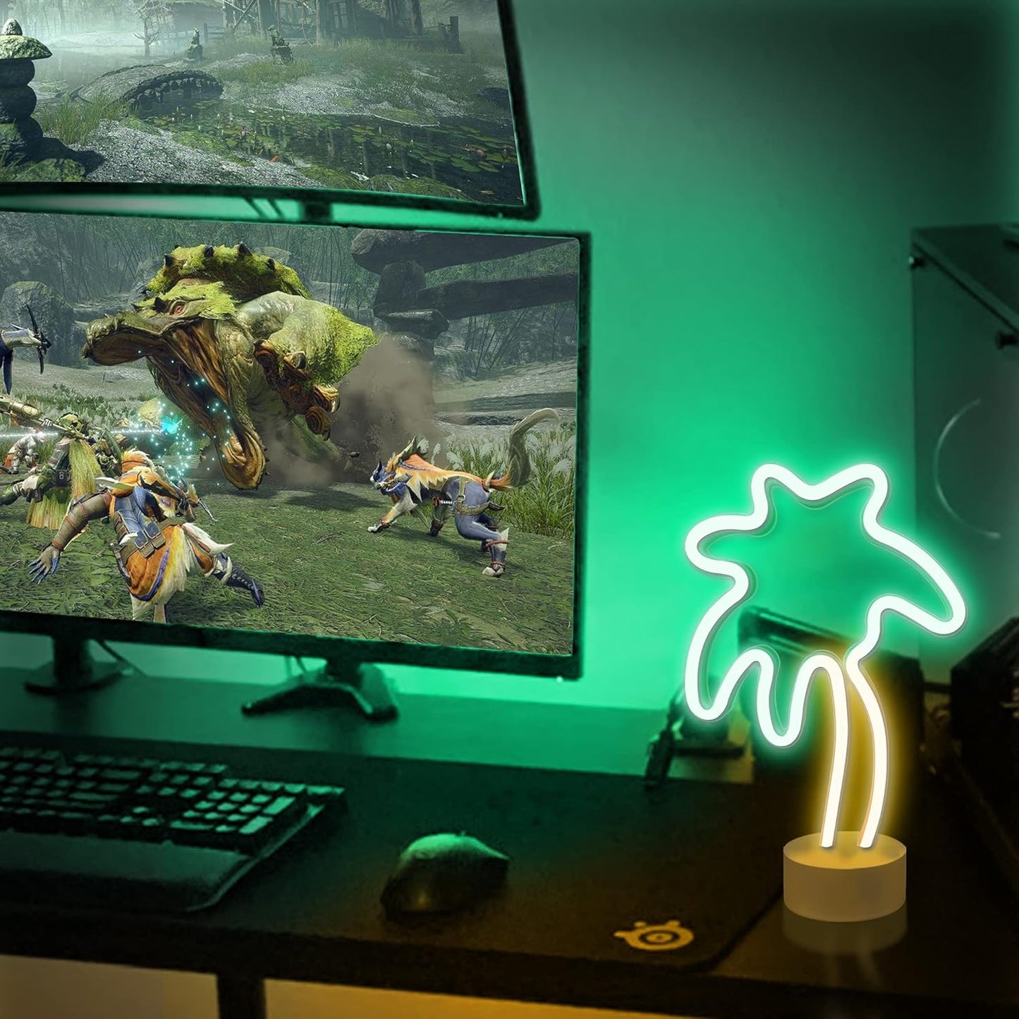 Lumoonosity Palm Tree Lights - Green & Yellow Palm Tree Neon Sign for Bedroom, Game Room - Battery/USB Powered Coconut Trees Neon Light with Stand for Desktop & Tabletop