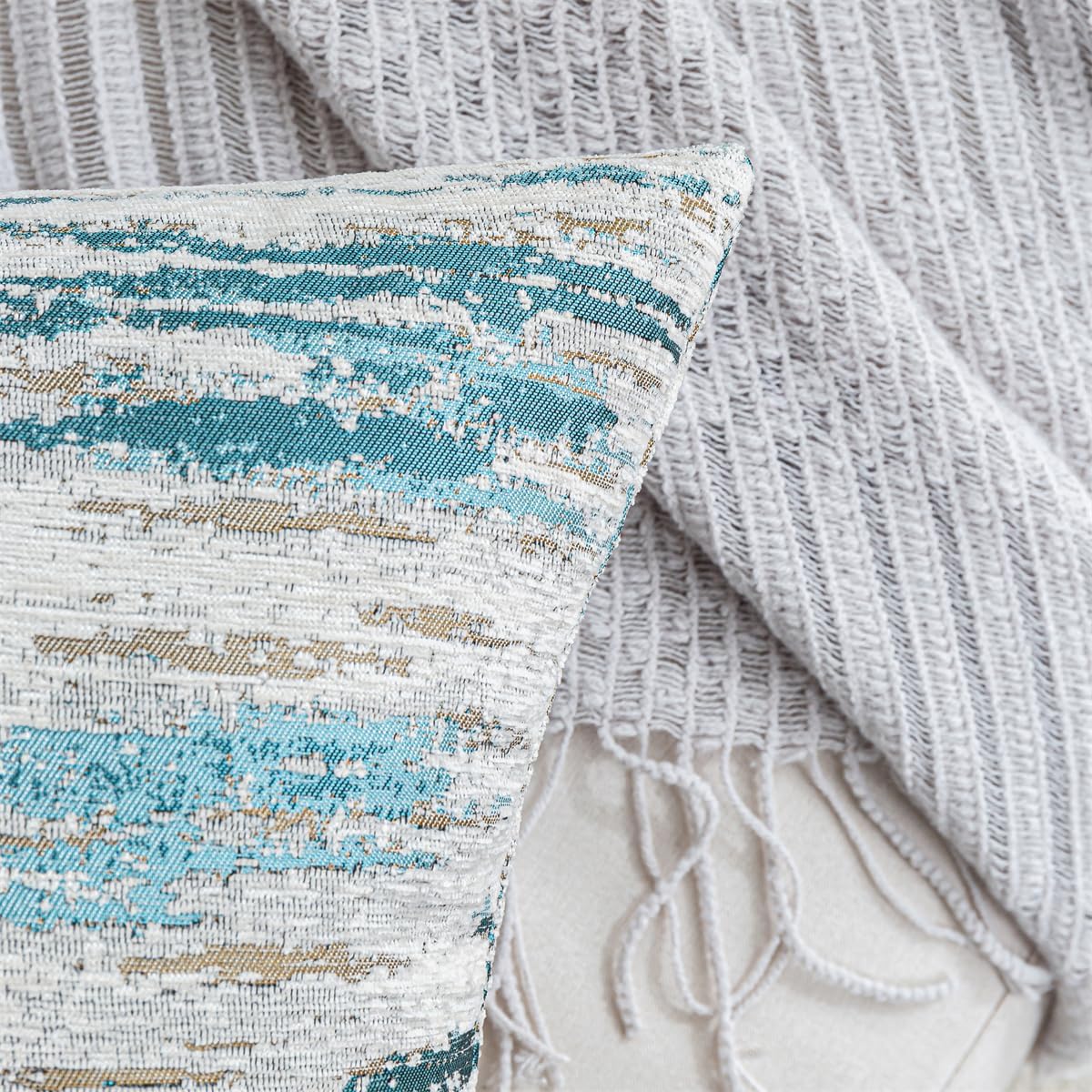 Lumbar Pillow Covers 12x20 Inch Set of 2 - Chenille & Jacquard Textured Cushion Covers with Abstract Striped Design - Modern Coastal Decor in Cream Beige & Teal Ombre