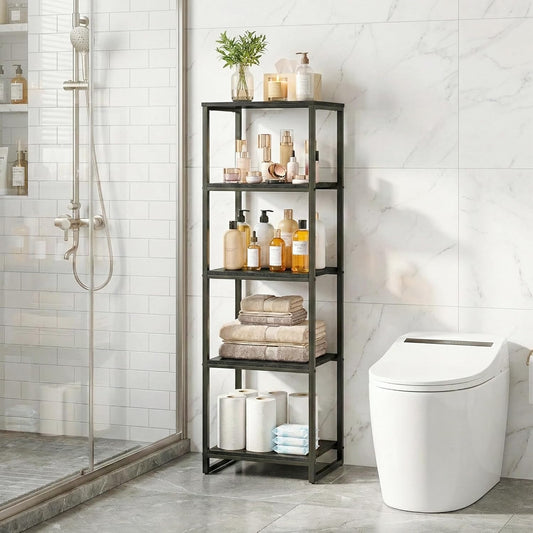 5-Tier Bathroom Shelving Unit, 47" H Narrow Open Floor Shelves, Metal Corner Slim Storage Rack for Bathroom Laundry Room Kitchen Living Room, Black