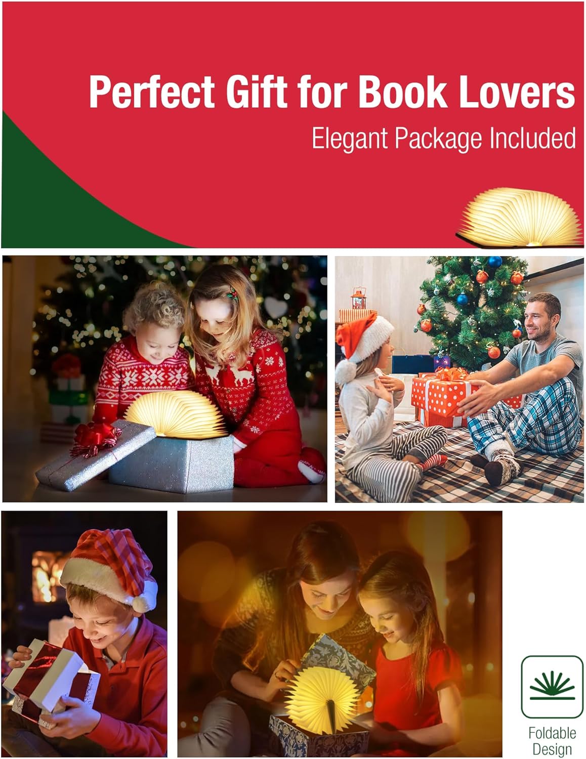 5.7 Inch Wooden Book Lamp - Portable Folding LED Book Light for Reading, Home & Library Decor, Unique Gift for Book Lovers, Magnetic Night Light (Walnut)
