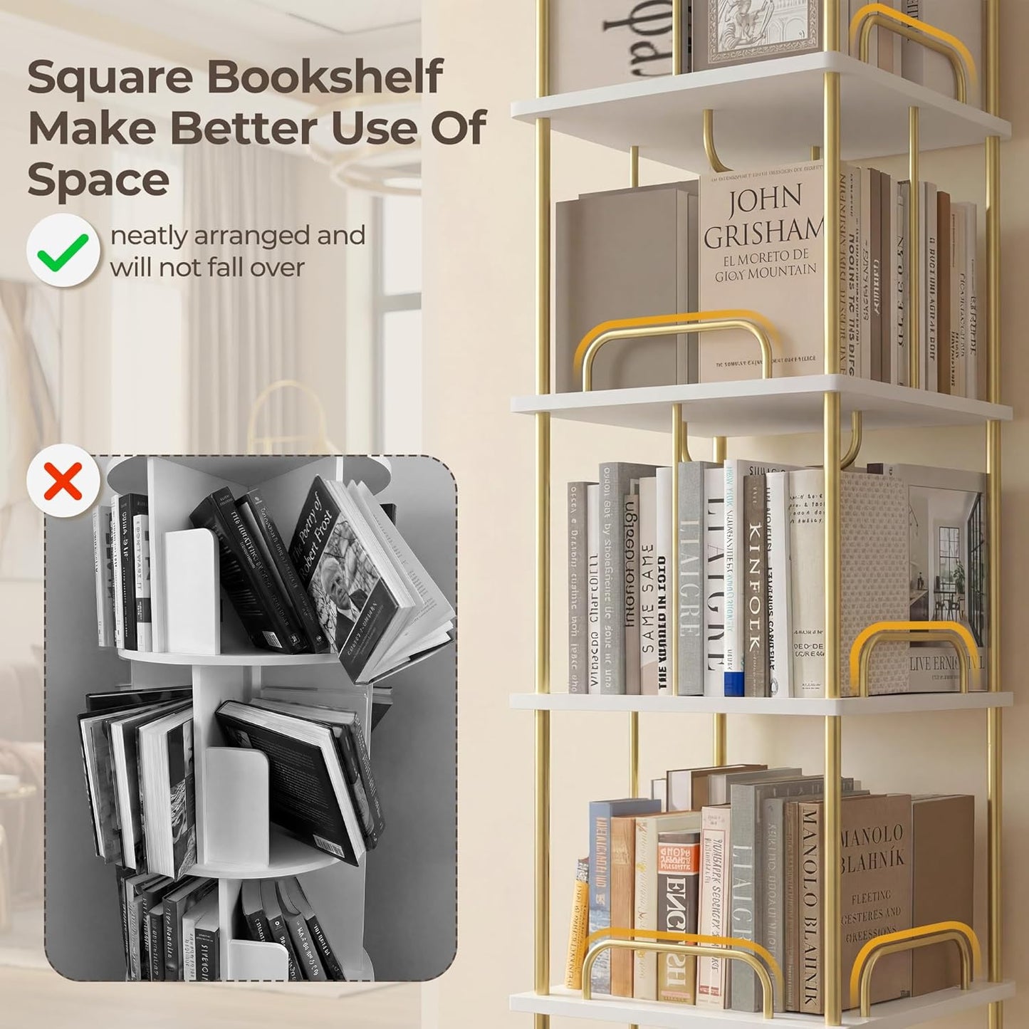 Rotating Bookshelf, 6 Tier Tall Skinny Revolving Bookcase Tower White Gold Modern Book Shelves Narrow Book Shelf with Wheels, 360° Floor Corner Spinning Bookcases for Living Room Bedroom