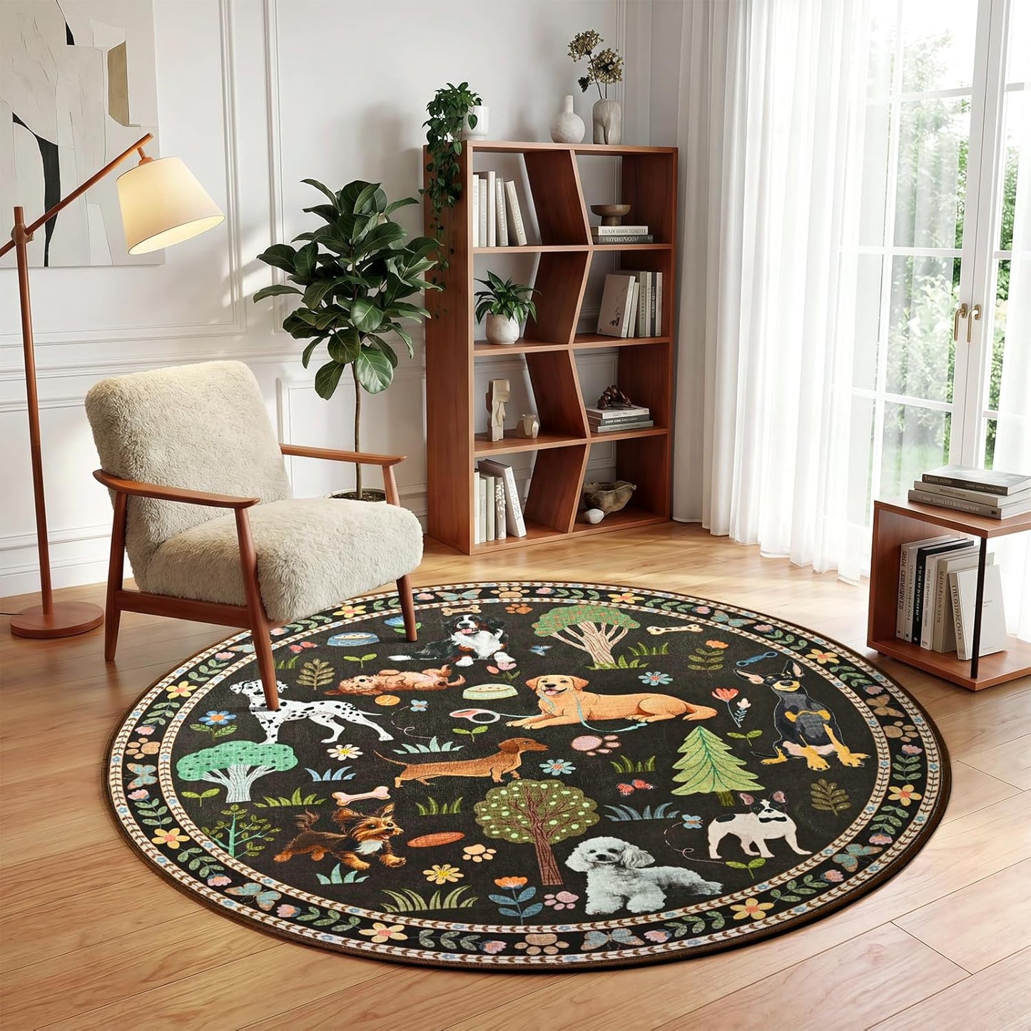 ST. BRIDGE 4ft Brown Round Area Rug, Washable Boho Animal Dog Non-Slip Circle Rug, Soft Thin Stain-Resistant Low-Pile Carpet for Entryway Kitchen Living Room Bedroom Nursery Kids Playroom