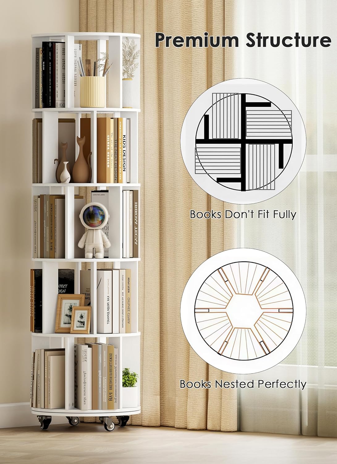 5 Tier 360° Rotating Bookshelf, Adjustable Small Space Bookcase on Wheels, Revolving Round Wood Bookshelves, Tall Narrow Storage Book Shelf Tower for Bedroom Office Kids Room (White)