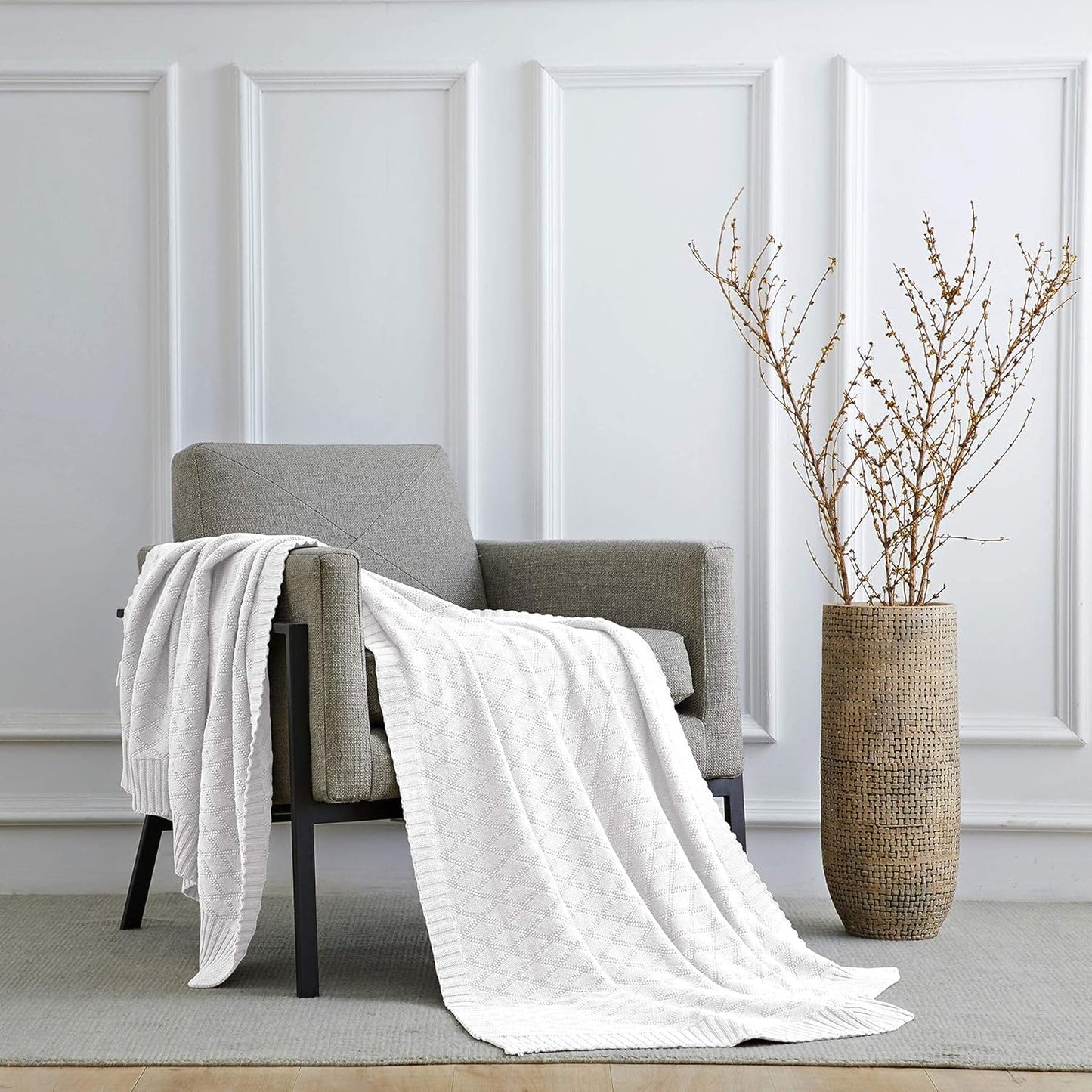 Longhui bedding 100% Cotton Pure White Cable Knit Throw Blanket for Couch with Bonus Laundering Bag – Large 50 x 60 Inch Thick, Extra Cozy, Machine Washable, Comfortable Home Decor