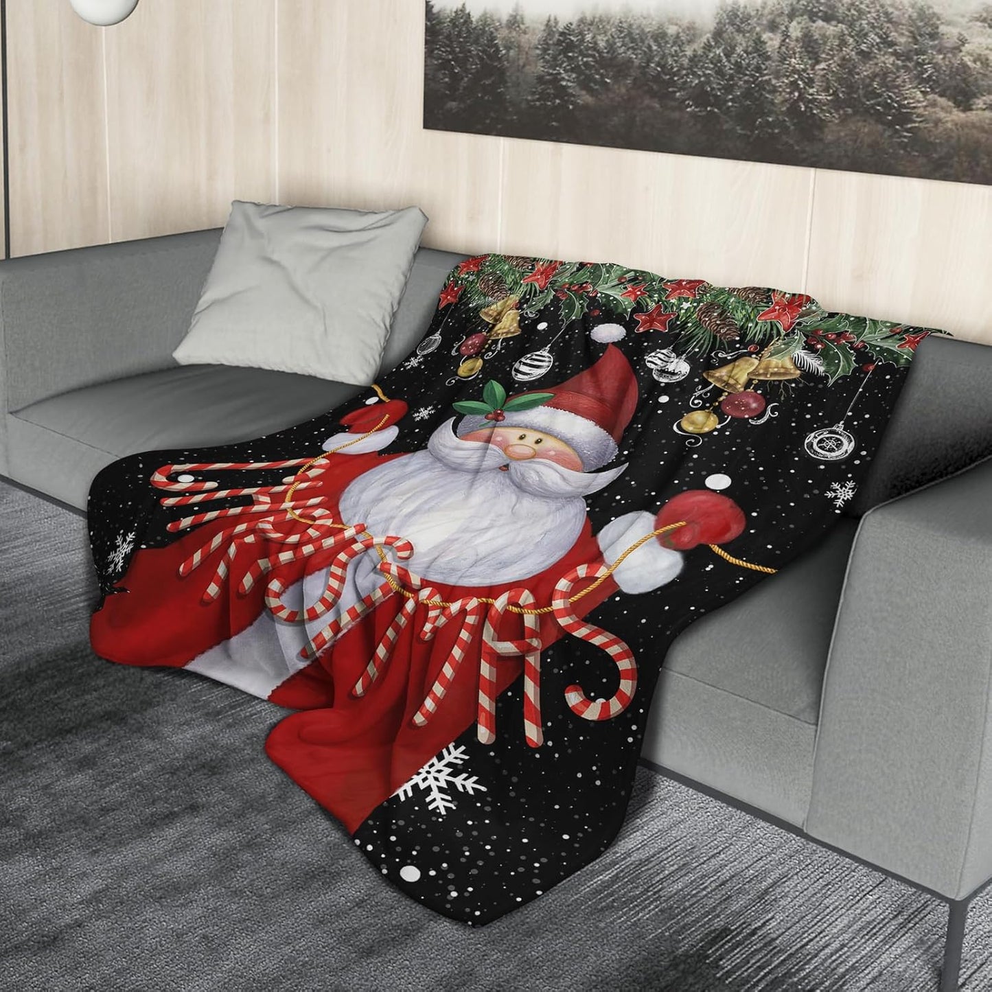 Christmas Flannel Throw Blanket 60x50 Inch – Cozy Snowflake Bell Holiday Themed Red Black Soft Double-Sided Fleece for Couch Sofa Winter Festive Bedroom Living Room Decor