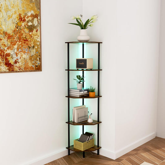Corner Shelf Stand, Storage Standing Shelf Unit with Metal Frame, Narrow Bookshelf with LED Light Brown Plant Display Stand, Multi Unit Organizer Corner Cabinet for Bedroom, Living Room (5 Tier)