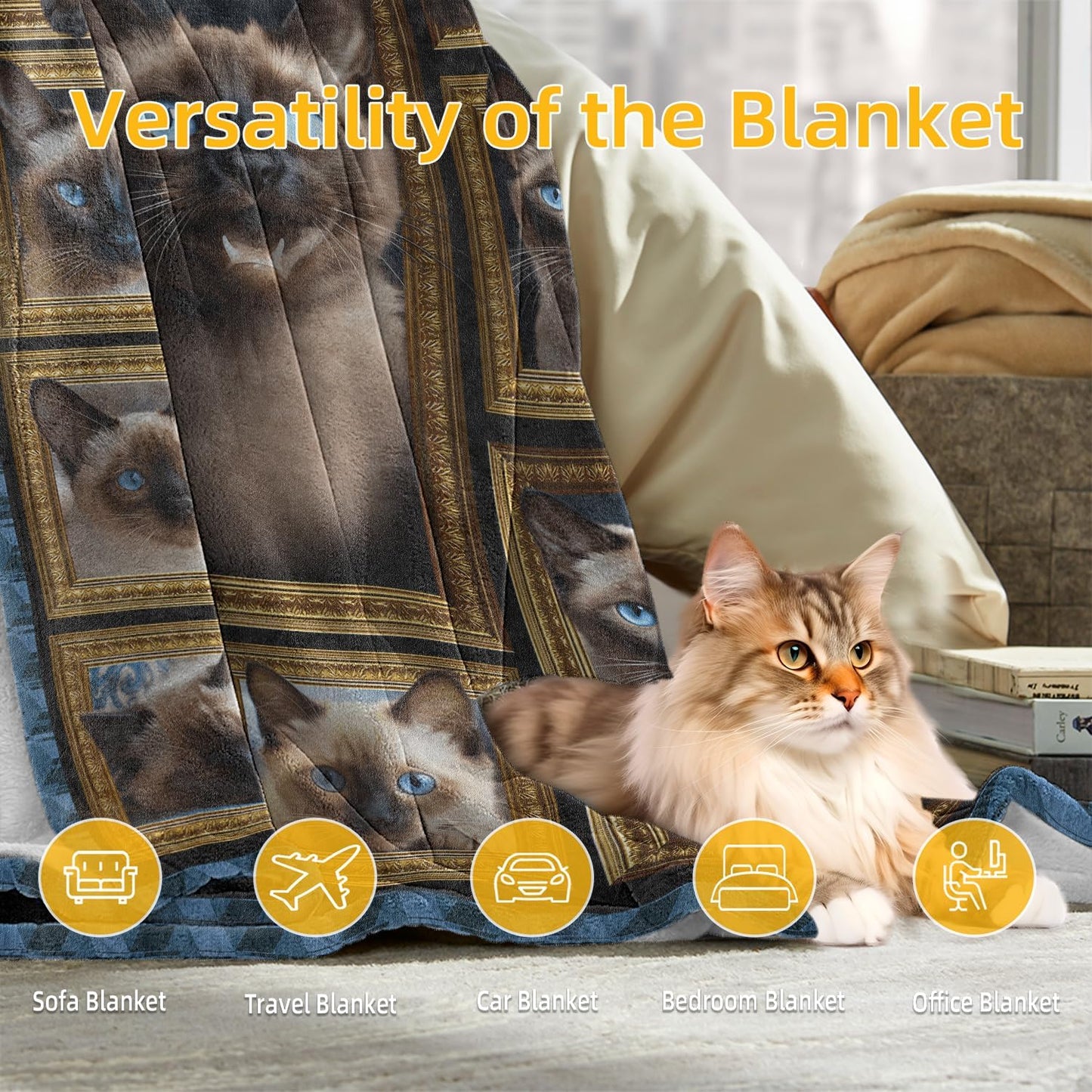 Siamese Cat Blanket Gifts for Women Men, Cozy Fuzzy Soft Throw Blanket for Couch Bed Travel Lightweight Plush Flannel Fleece Blankets and Throws for Sofa Chair Camping Car, Twin Size 60" X 80"