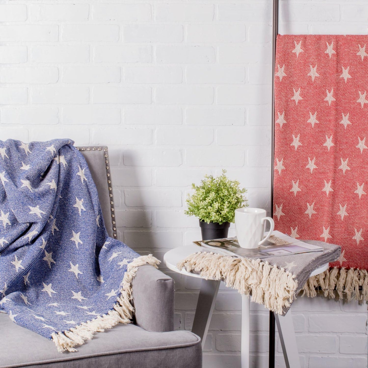 DII 4TH of July Patriotic Throw Blanket with Decorative Tassles, Use for Chair, Couch, Bed, Picnic, Camping, Beach, & Just Staying Cozy at Home (50 x 60), Star Tango Red