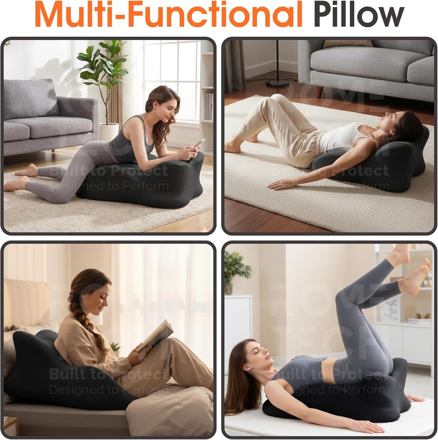 Rome Tech Memory Foam Ergonomic Wedge Pillow – Prone Support Orthopedic Pillow for Sleeping, Reading & Back Relief with Removable Cover- Extra-Large Size Body Pillow - 24 * 17 * 20 inch - Black