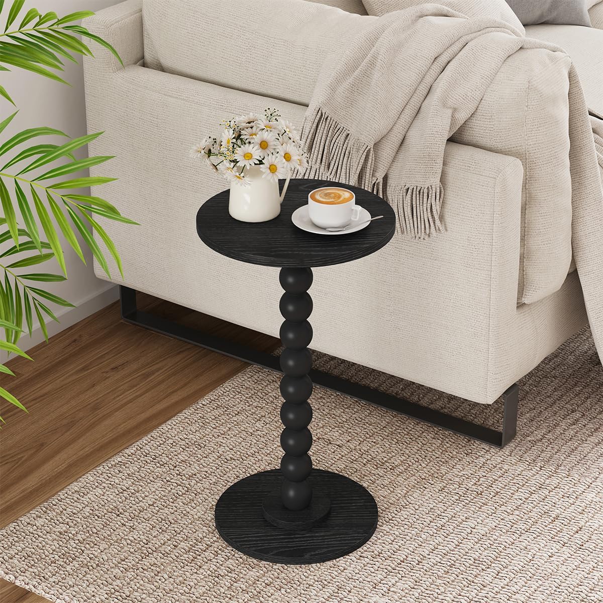 Round Side Table, Small Drink Table for Small Spaces, Pedestal End Table for Living Room, Modern Accent Nightstand with Solid Wood Leg for Bedroom, Corners and Office Black Color UTBT005B